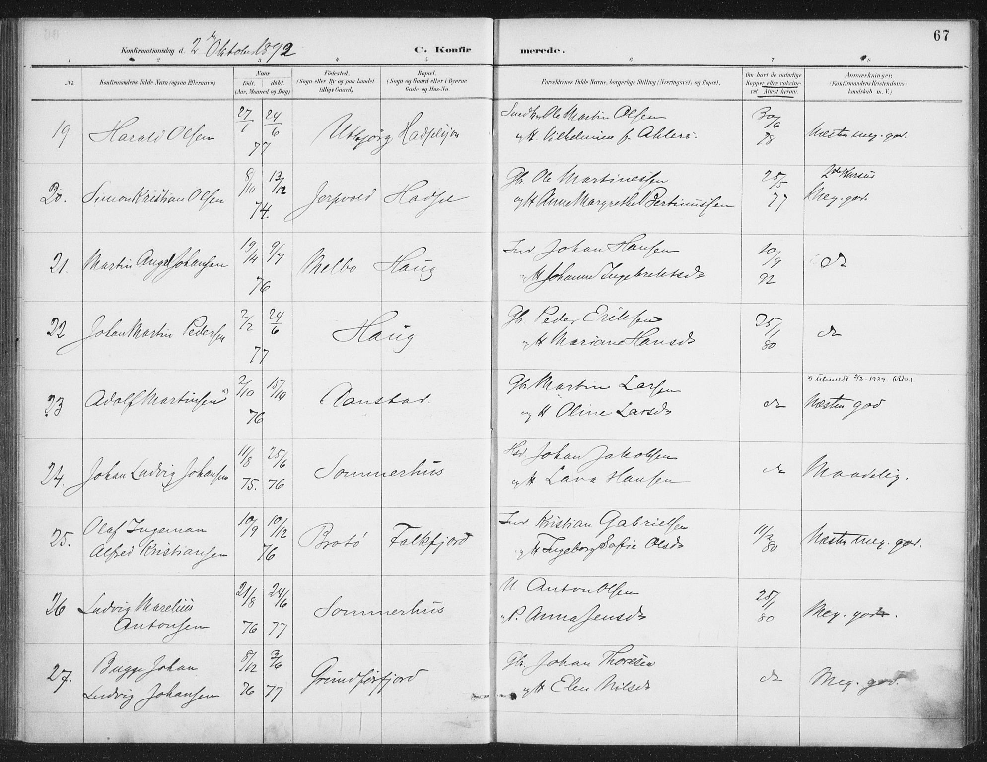 Ministerialprotokoller, klokkerbøker og fødselsregistre - Nordland, AV/SAT-A-1459/888/L1245: Parish register (official) no. 888A11, 1888-1900, p. 67
