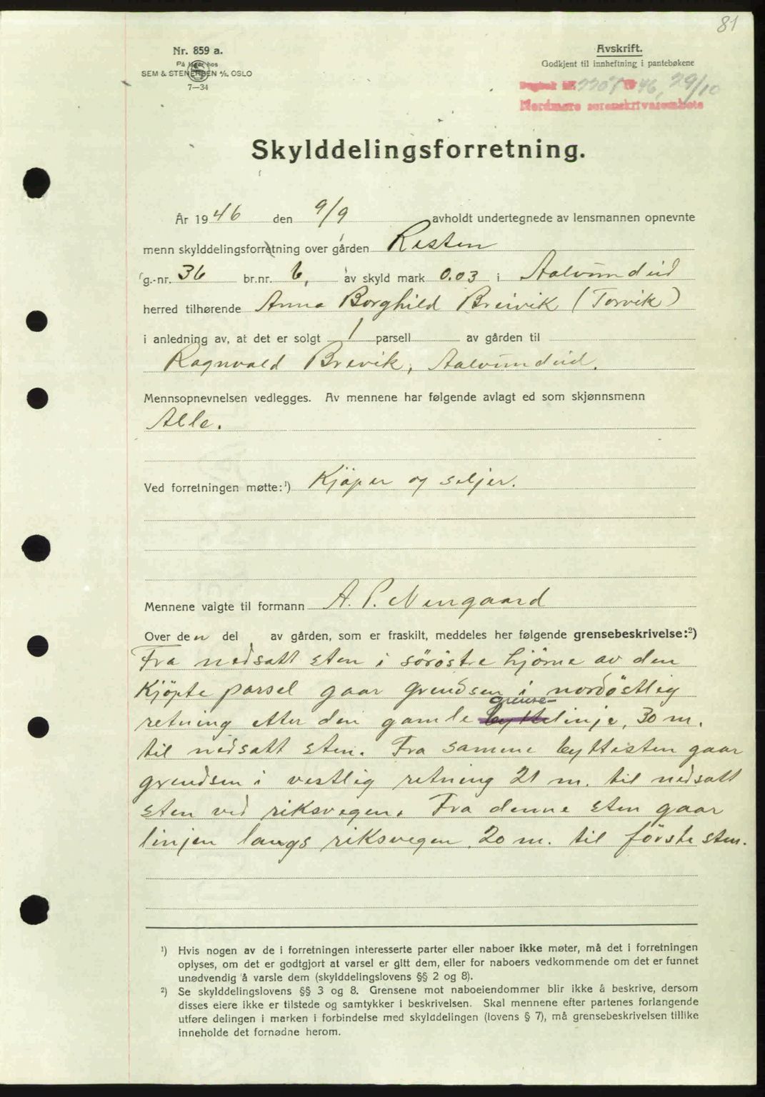 Nordmøre sorenskriveri, AV/SAT-A-4132/1/2/2Ca: Mortgage book no. A103, 1946-1947, Diary no: : 2207/1946