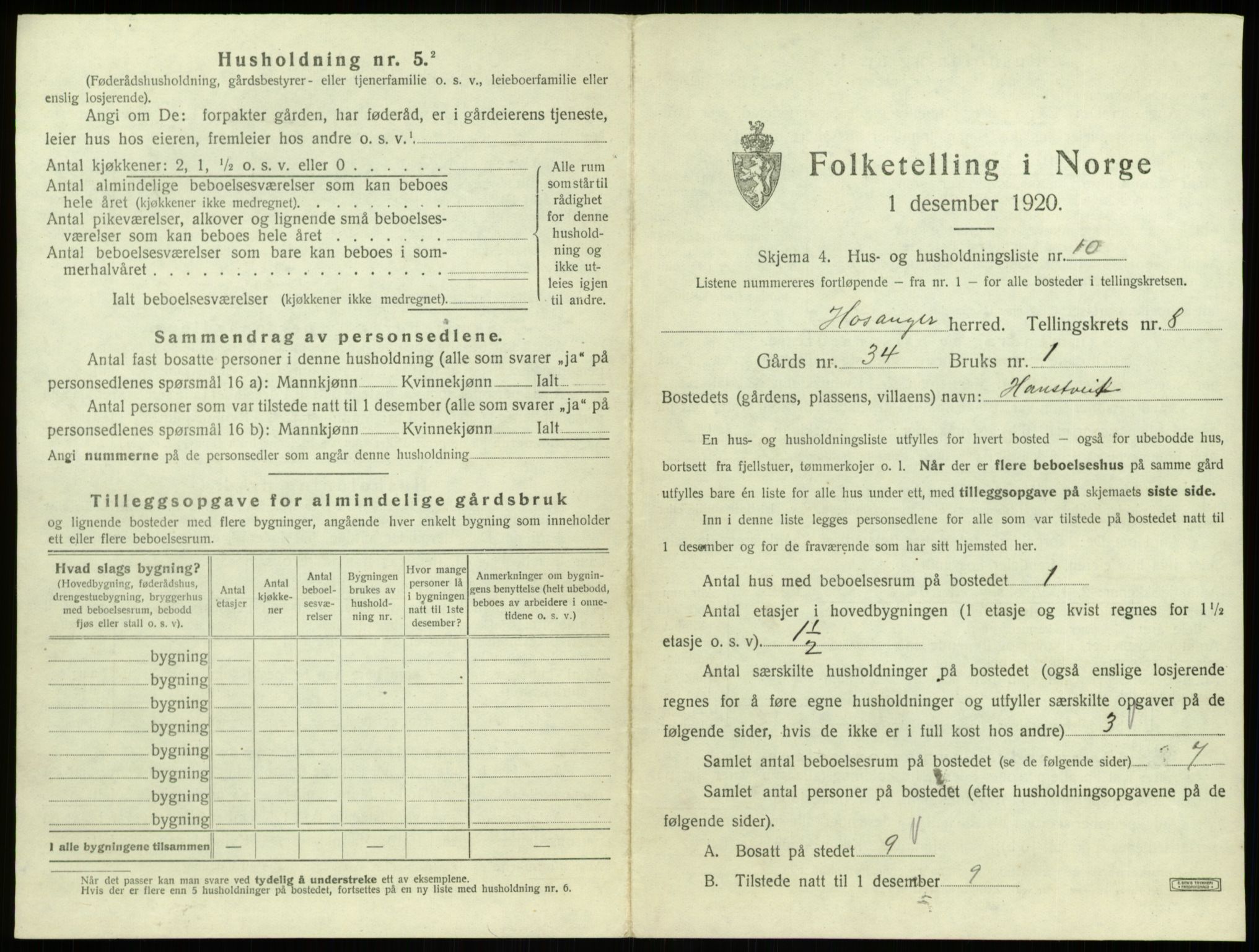 SAB, 1920 census for Hosanger, 1920, p. 444
