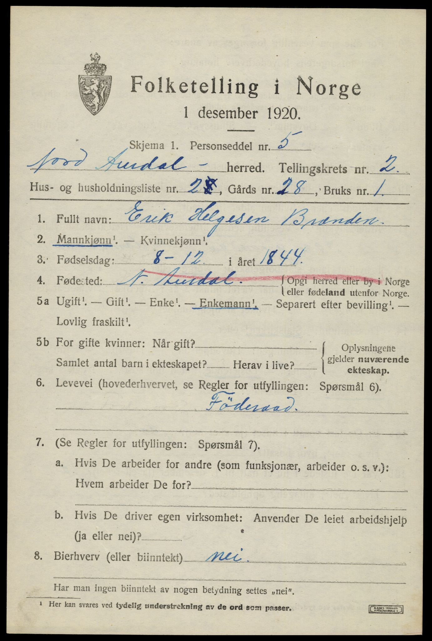 SAH, 1920 census for Nord-Aurdal, 1920, p. 3136