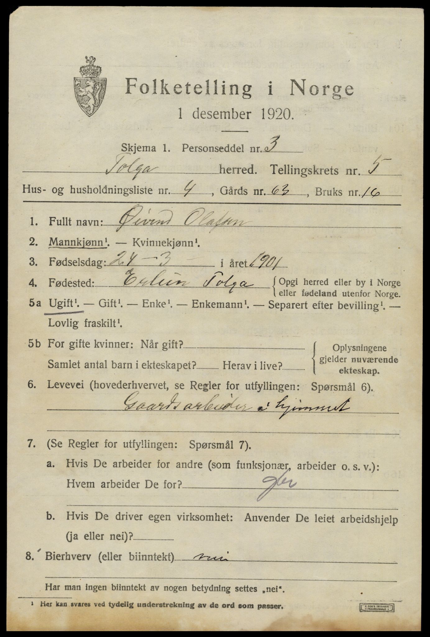 SAH, 1920 census for Tolga, 1920, p. 3259