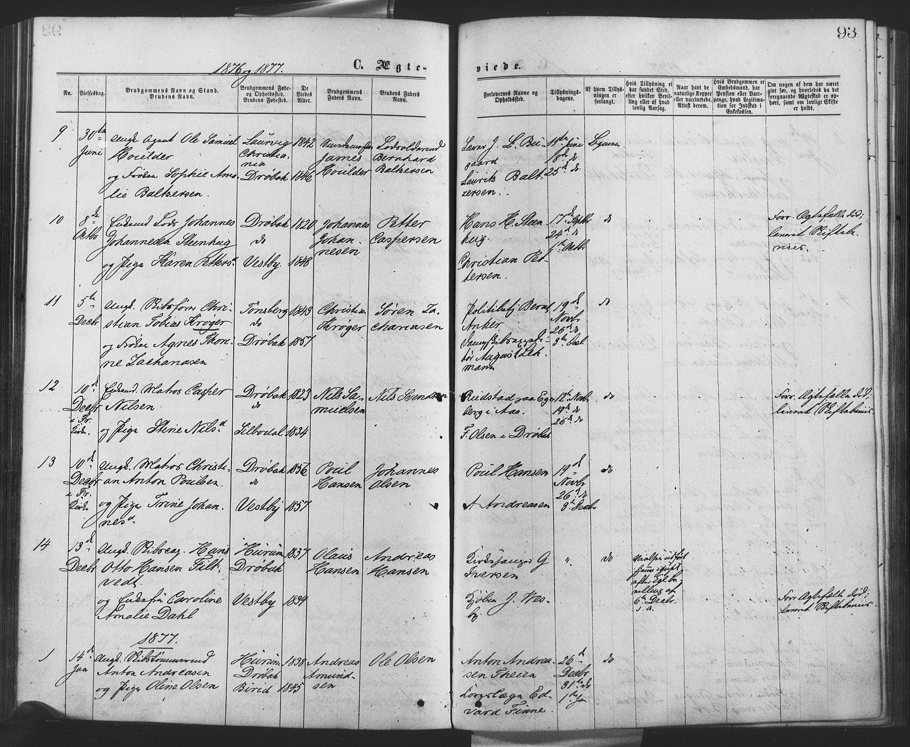 Drøbak prestekontor Kirkebøker, AV/SAO-A-10142a/F/Fa/L0003: Parish register (official) no. I 3, 1871-1877, p. 93