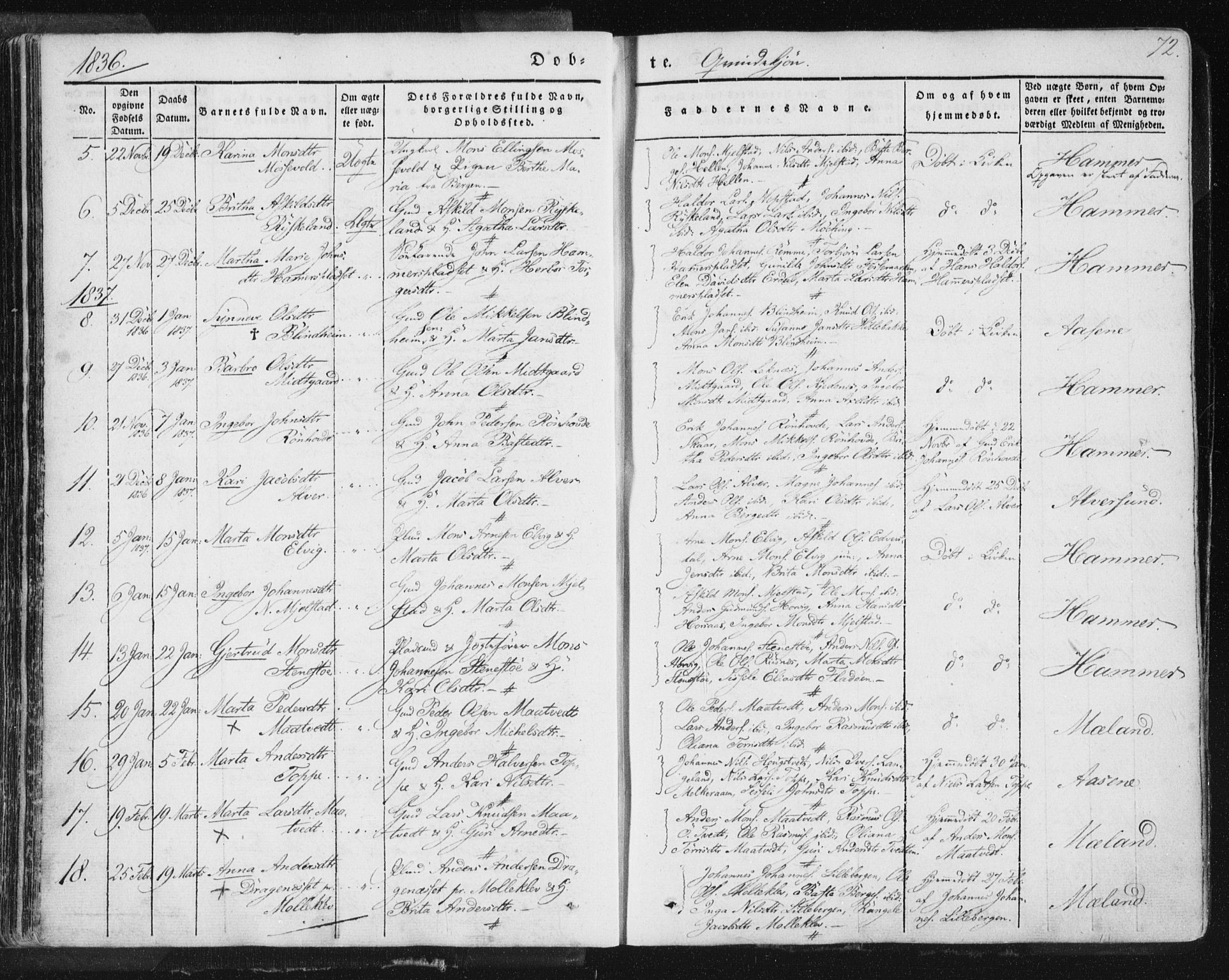 Hamre sokneprestembete, AV/SAB-A-75501/H/Ha/Haa/Haaa/L0012: Parish register (official) no. A 12, 1834-1845, p. 72