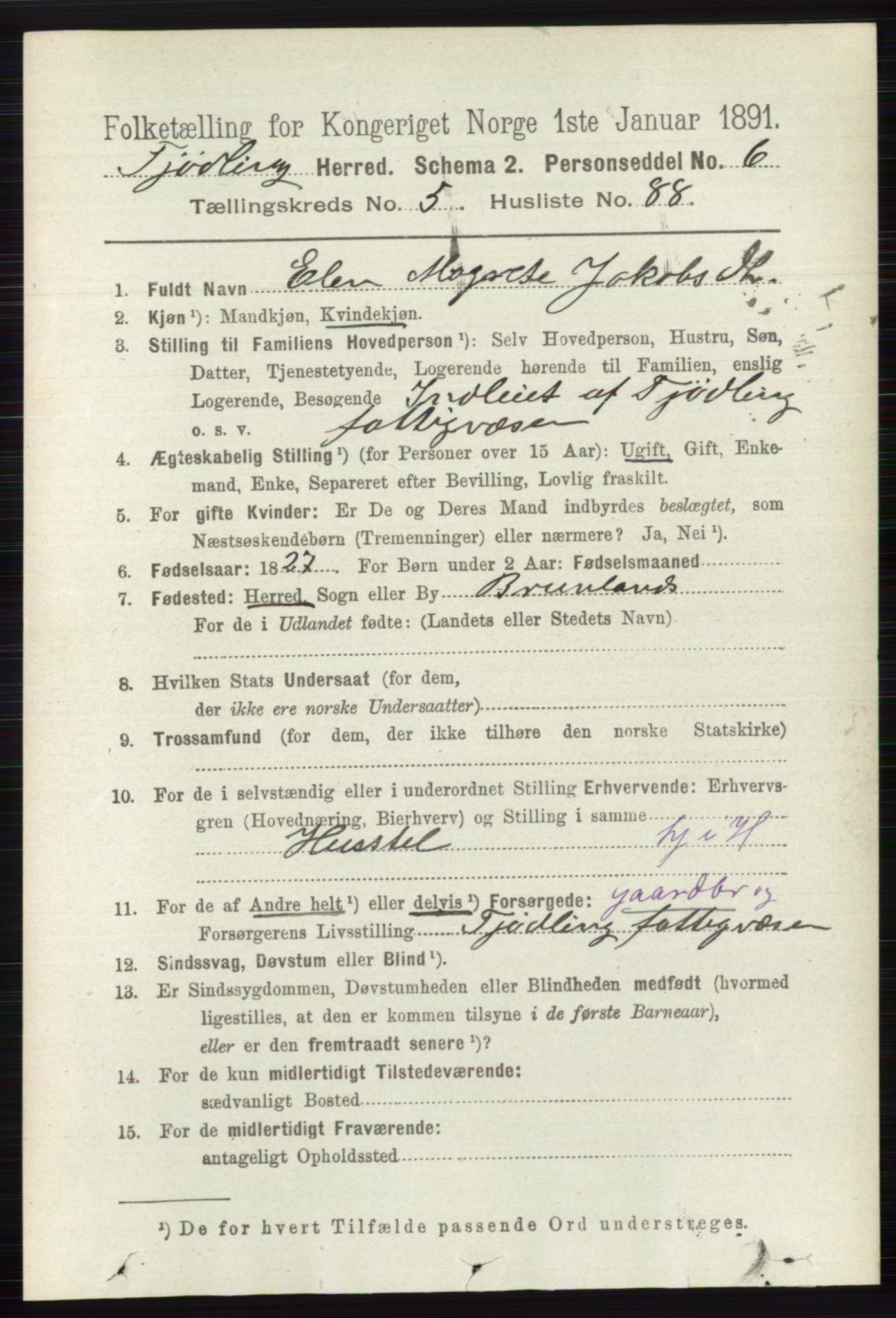 RA, 1891 census for 0725 Tjølling, 1891, p. 2514