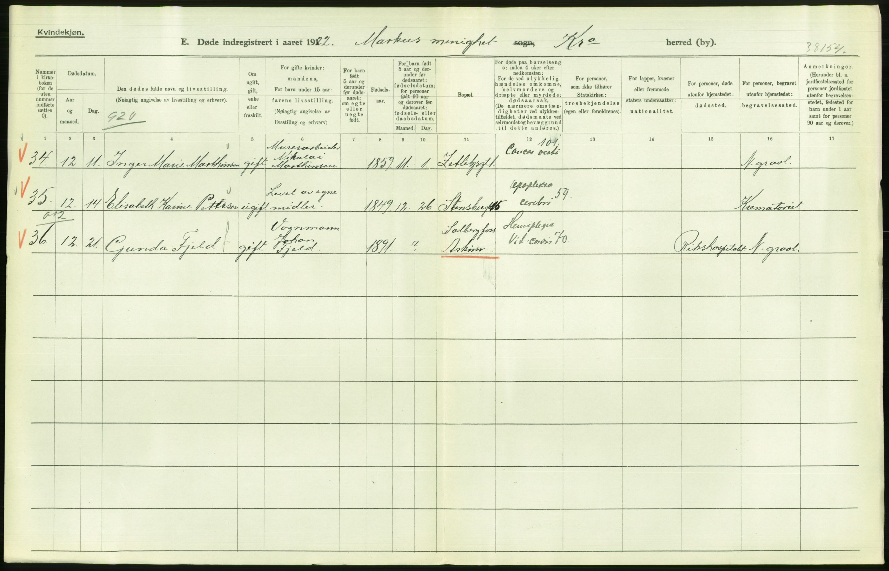 Statistisk sentralbyrå, Sosiodemografiske emner, Befolkning, AV/RA-S-2228/D/Df/Dfc/Dfca/L0012: Kristiania: Døde, 1921, p. 100