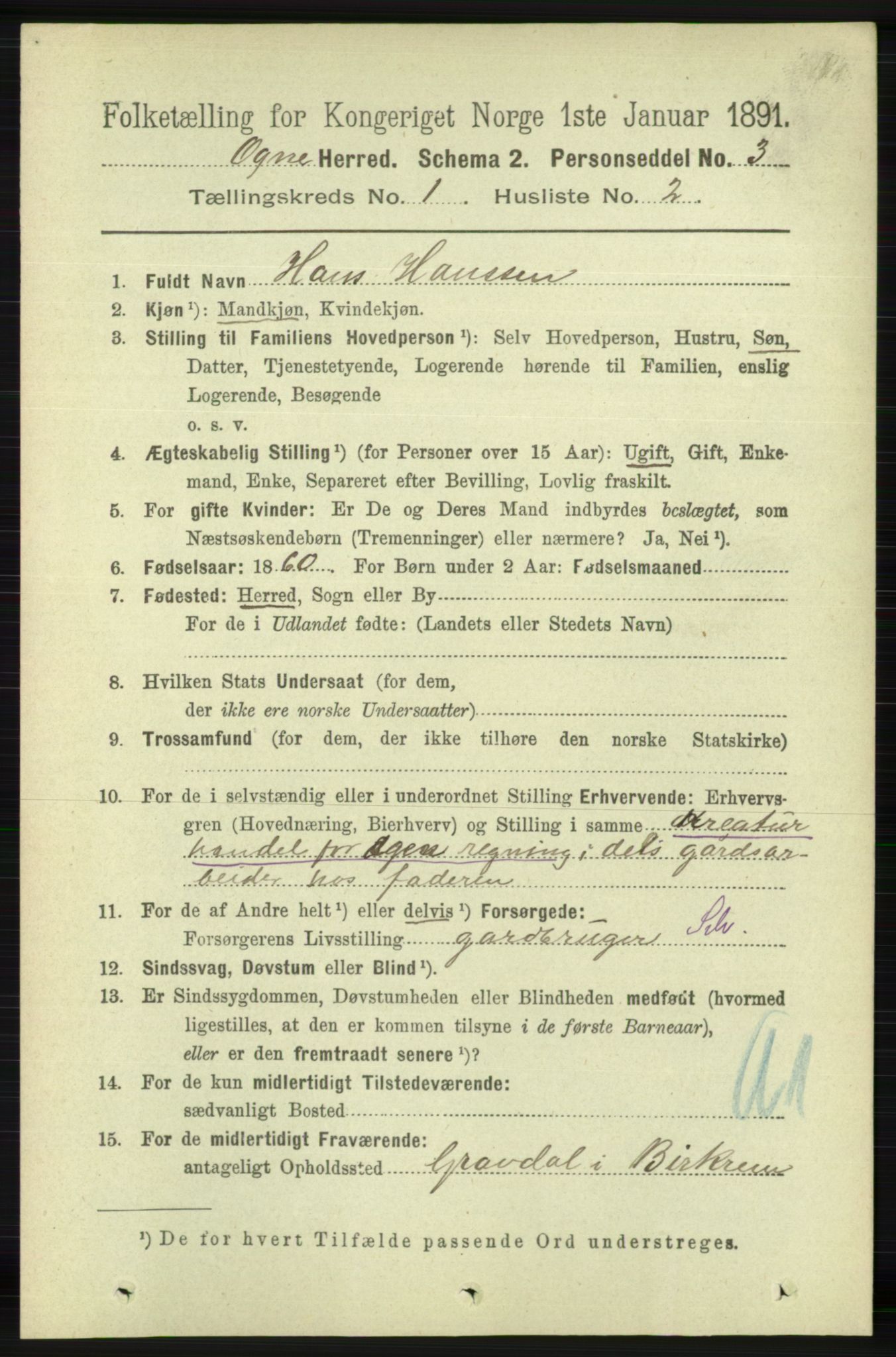 RA, 1891 census for 1117 Ogna, 1891, p. 116