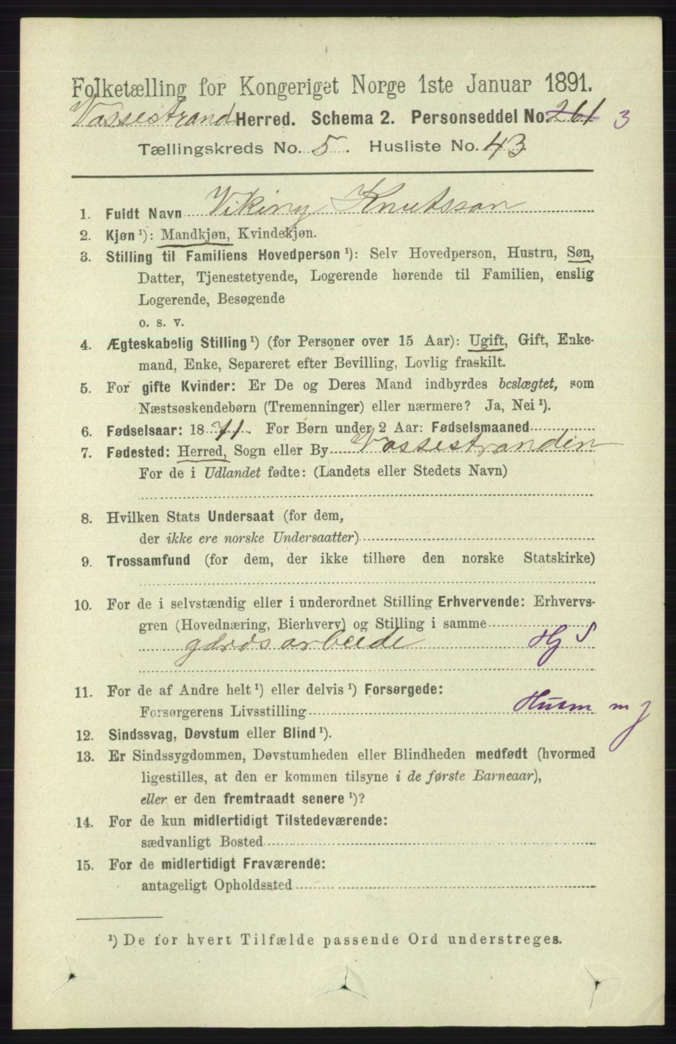 RA, 1891 census for 1236 Vossestrand, 1891, p. 2157