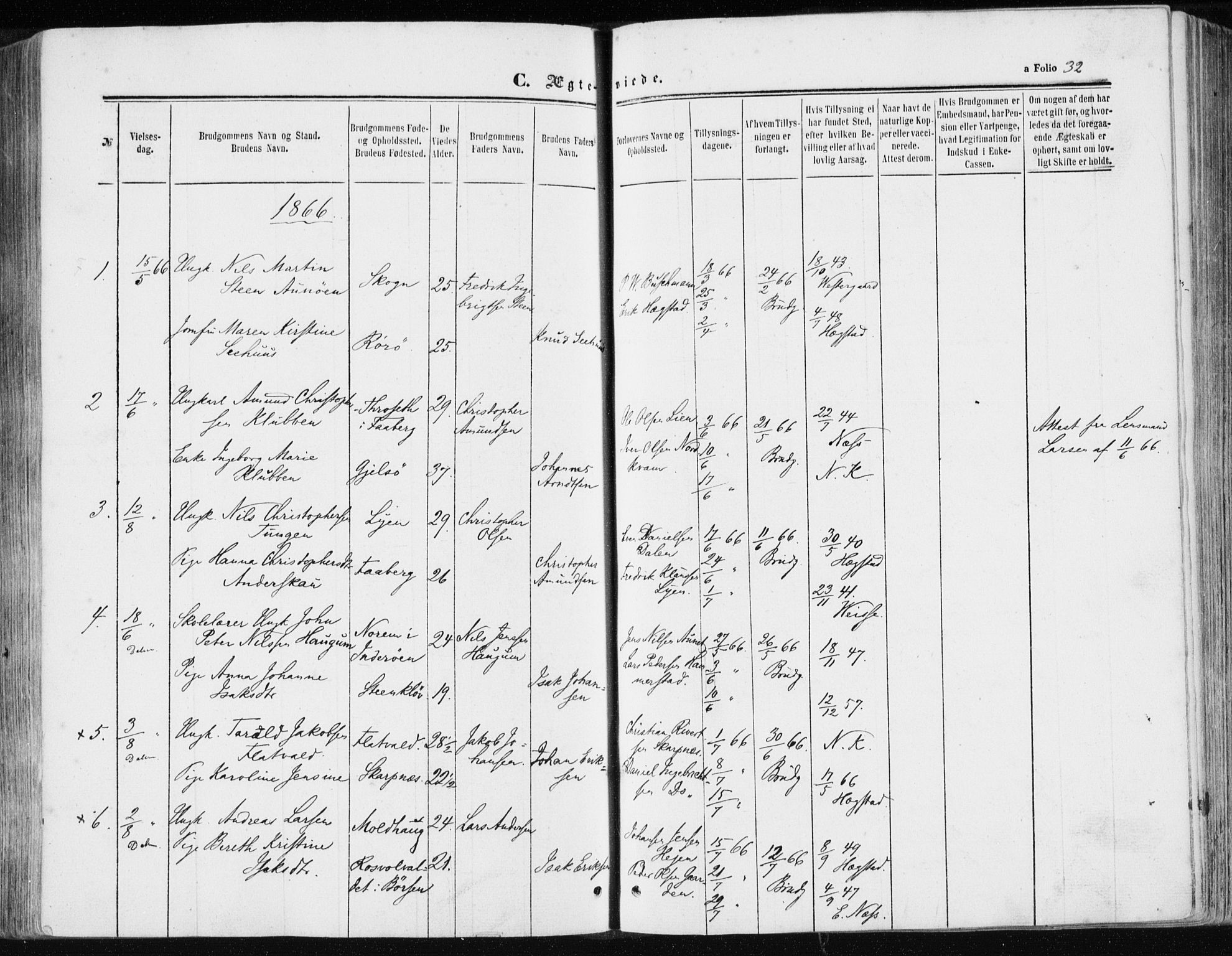 Ministerialprotokoller, klokkerbøker og fødselsregistre - Sør-Trøndelag, AV/SAT-A-1456/634/L0531: Parish register (official) no. 634A07, 1861-1870, p. 32