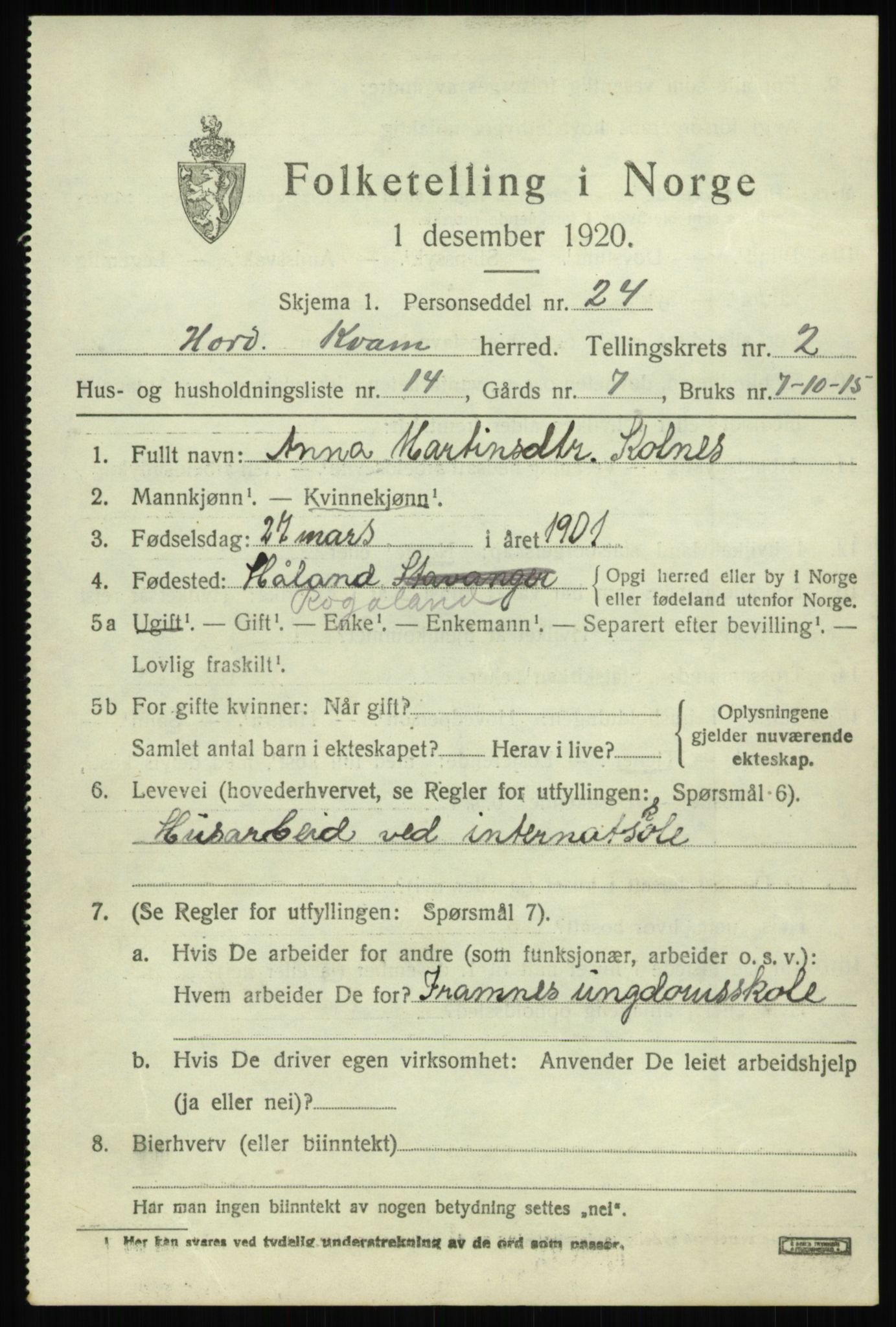 SAB, 1920 census for Kvam, 1920, p. 2017