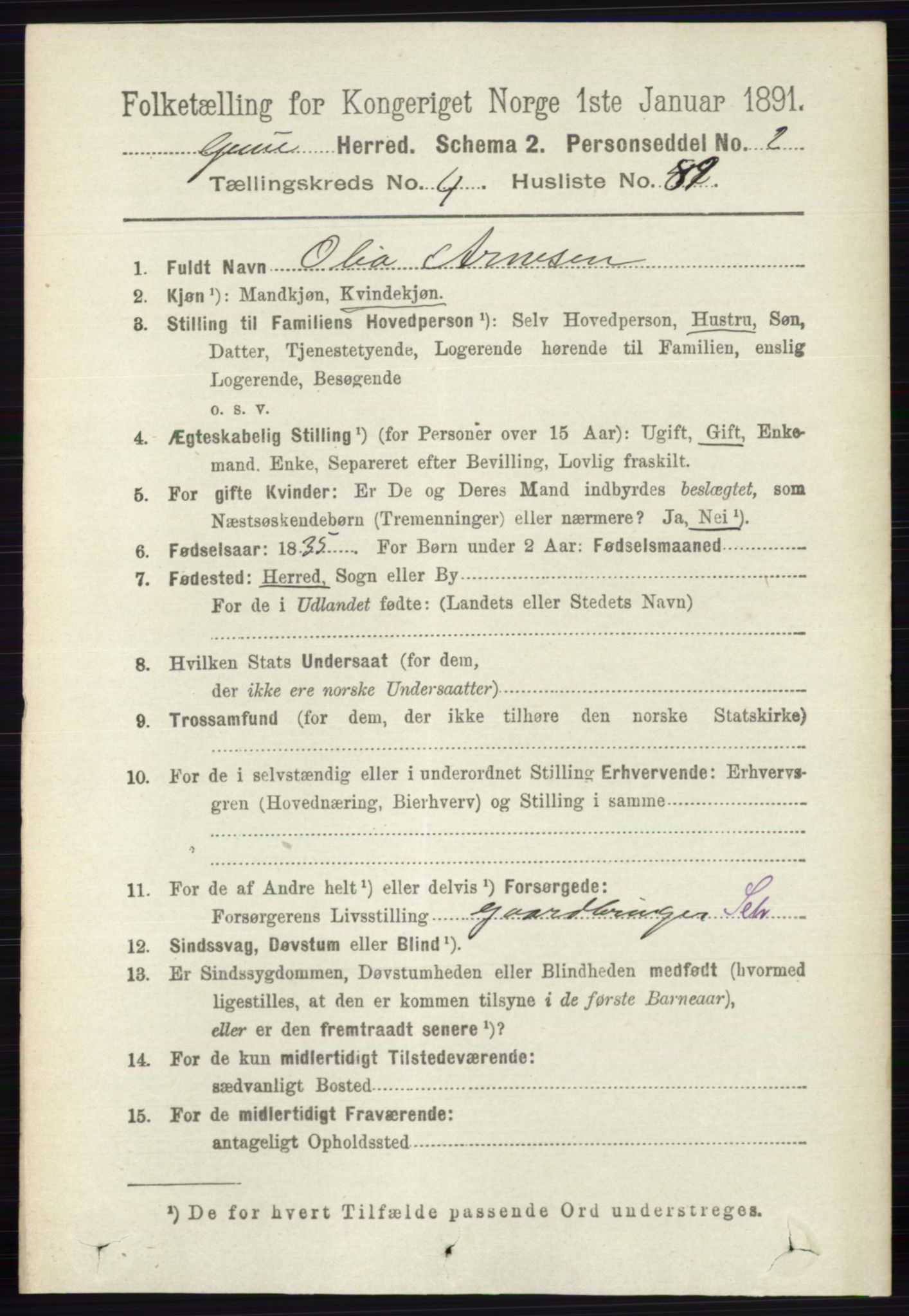 RA, 1891 census for 0423 Grue, 1891, p. 2601