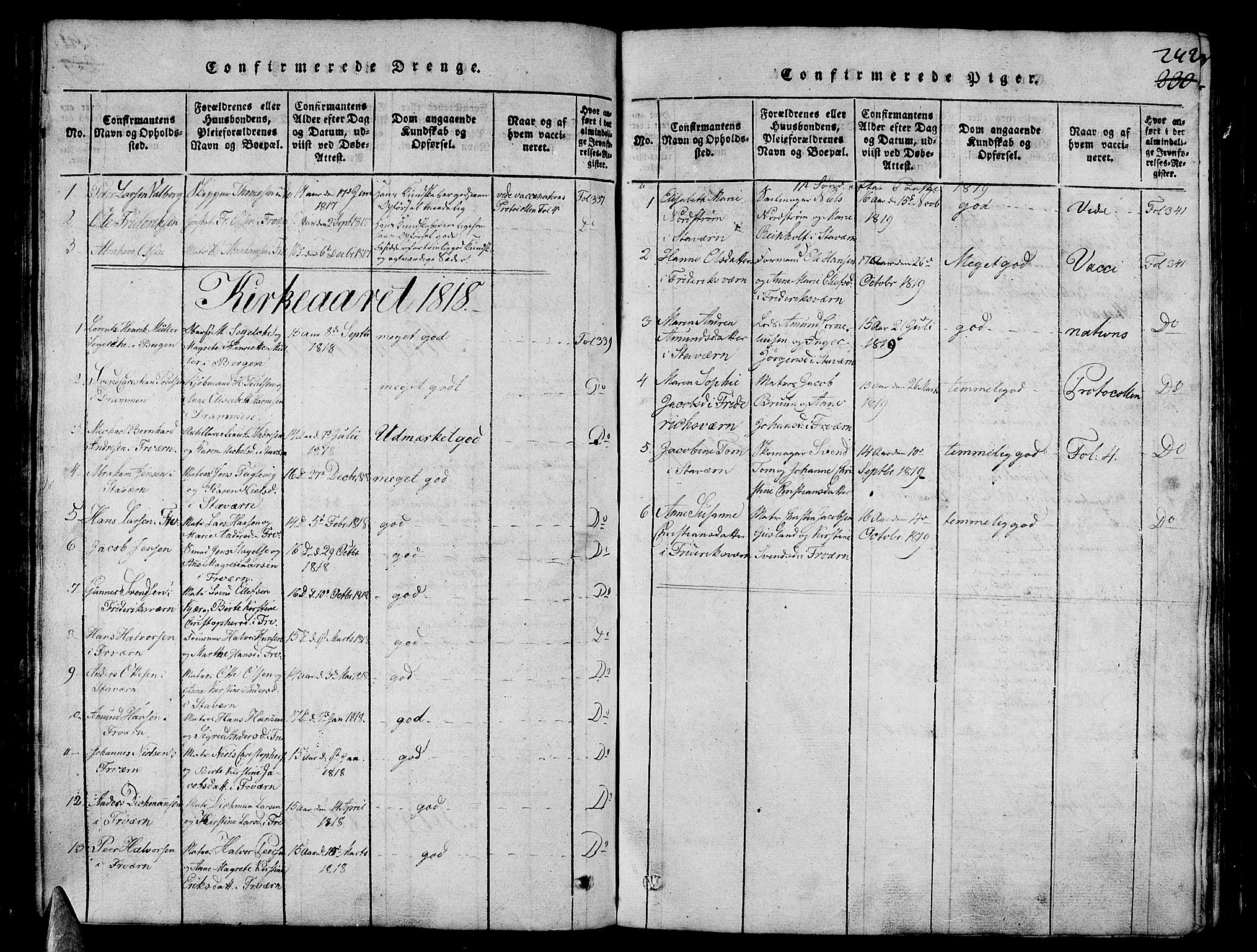 Stavern kirkebøker, AV/SAKO-A-318/G/Ga/L0001: Parish register (copy) no. 1, 1817-1841, p. 242