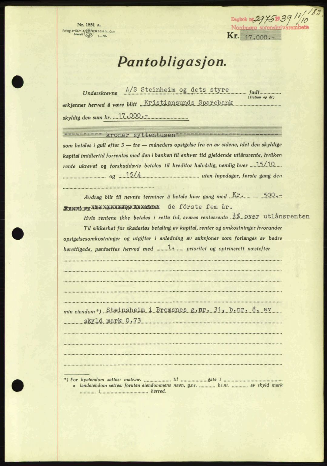 Nordmøre sorenskriveri, AV/SAT-A-4132/1/2/2Ca: Mortgage book no. B86, 1939-1940, Diary no: : 2975/1939