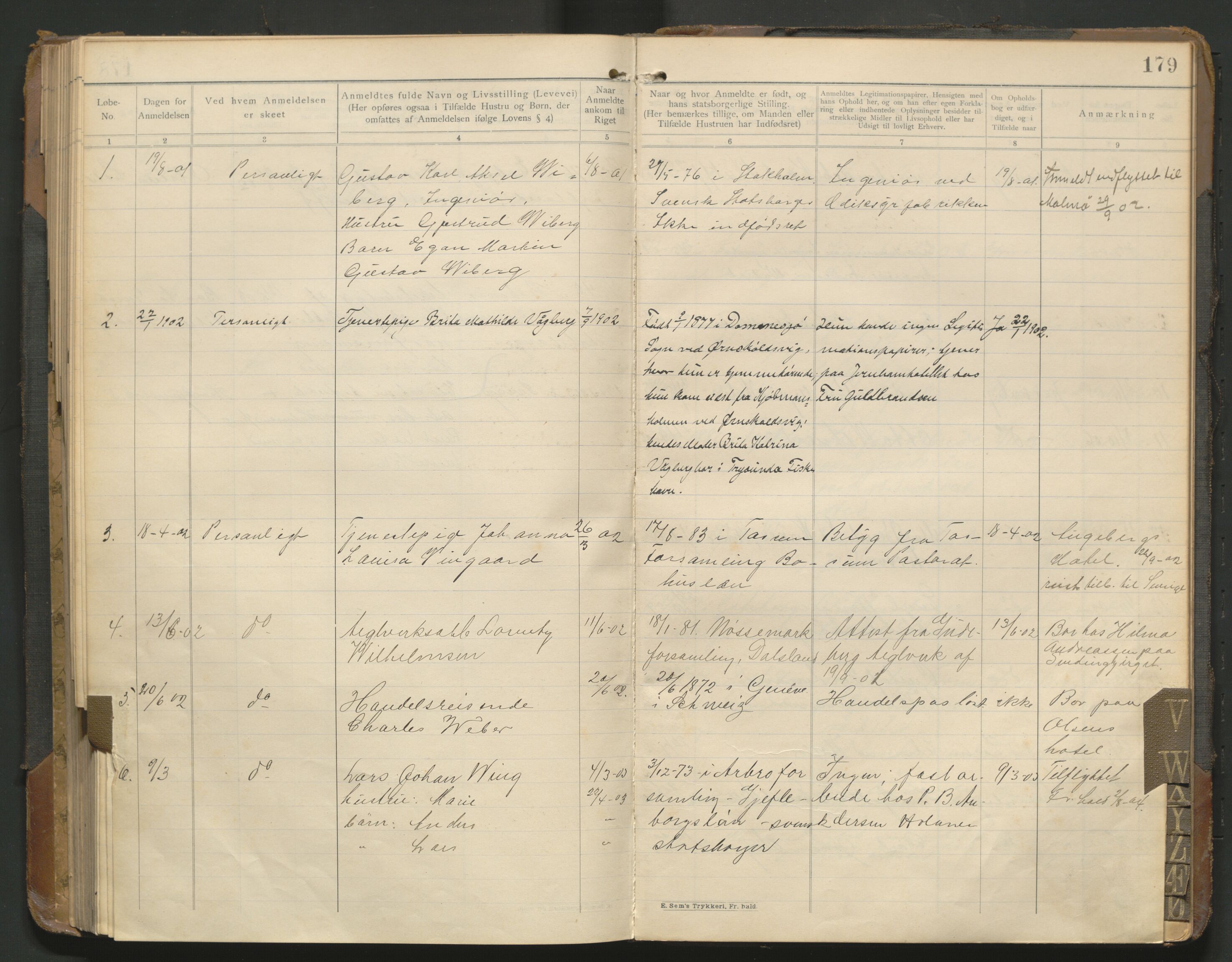 Fredrikstad politikammer, AV/SAO-A-10055/H/Hb/Hba/L0001: Protokoll over fremmede statsborgere, 1901-1916, p. 178b-179a