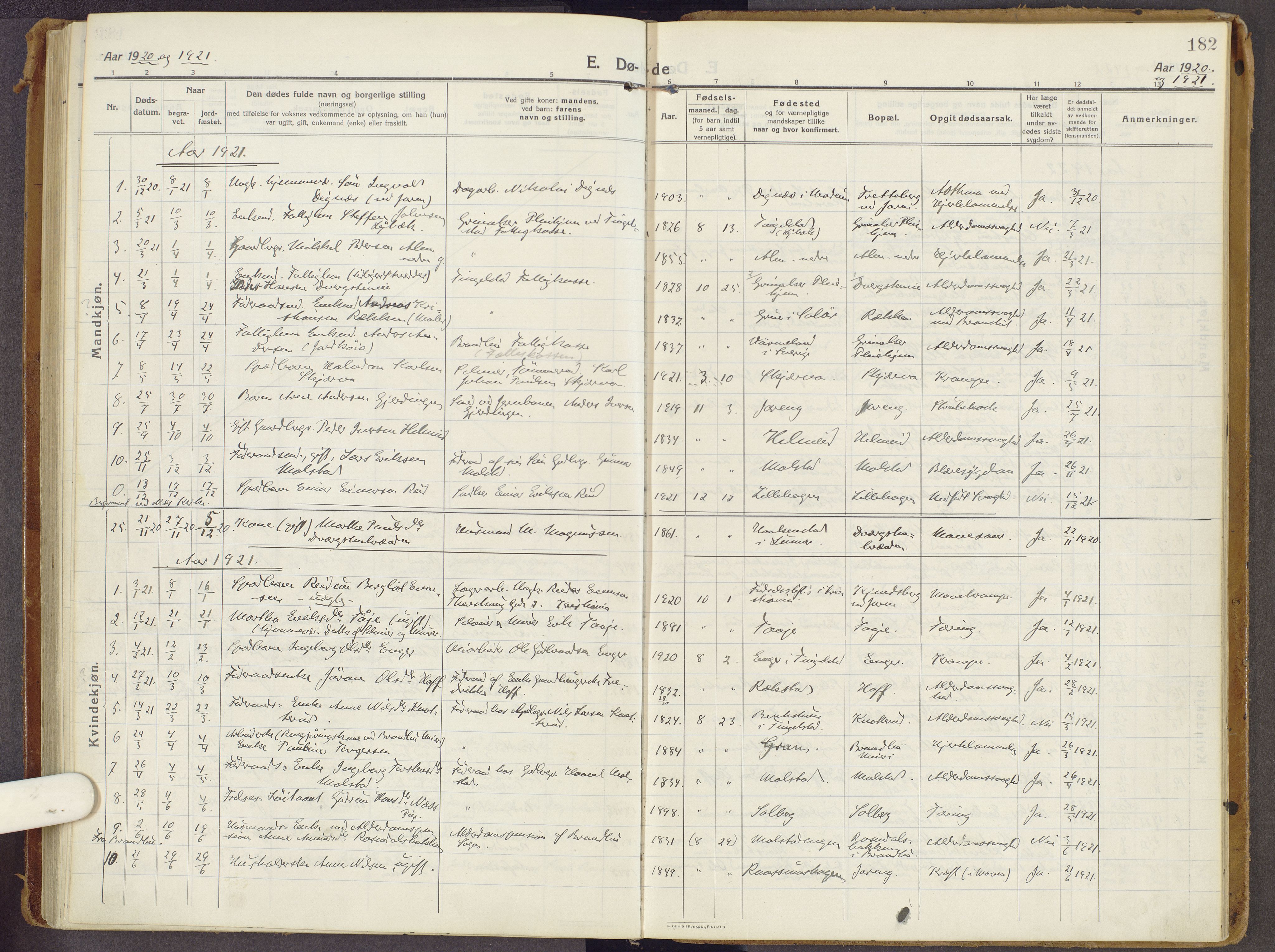 Brandbu prestekontor, SAH/PREST-114/H/Ha/Haa/L0003: Parish register (official) no. 3, 1914-1928, p. 182