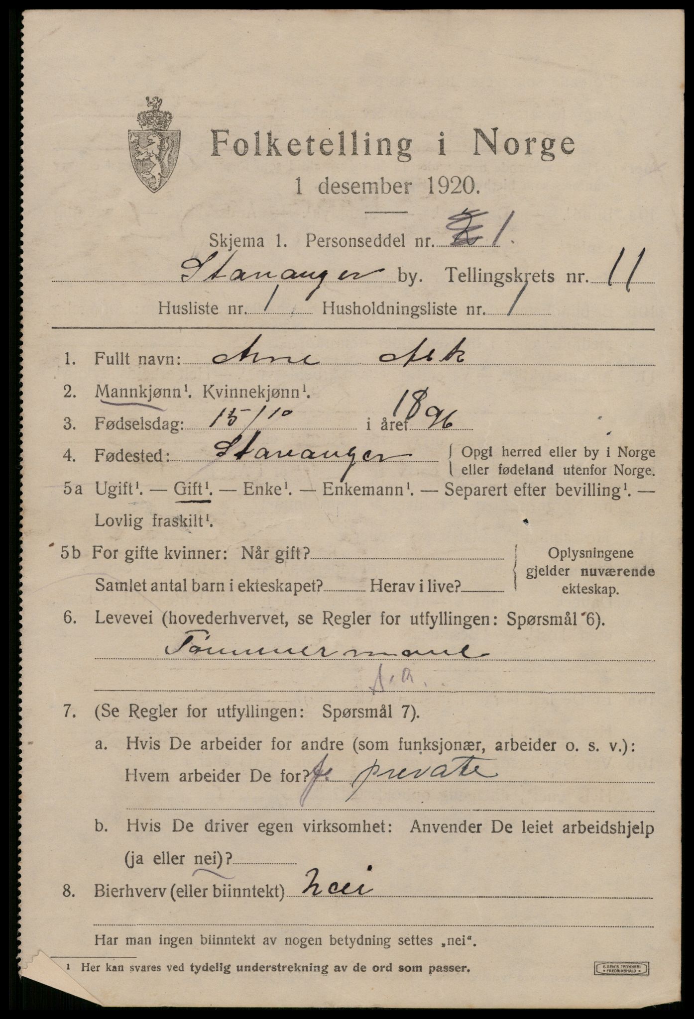 SAST, 1920 census for Stavanger, 1920, p. 53646