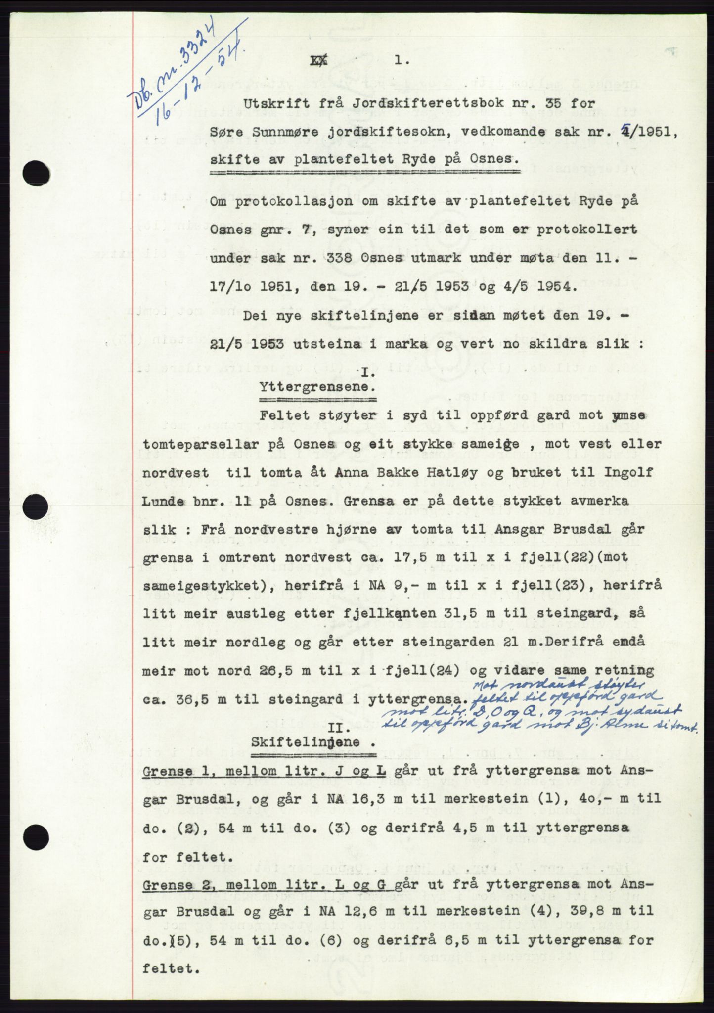 Søre Sunnmøre sorenskriveri, AV/SAT-A-4122/1/2/2C/L0099: Mortgage book no. 25A, 1954-1954, Diary no: : 3324/1954