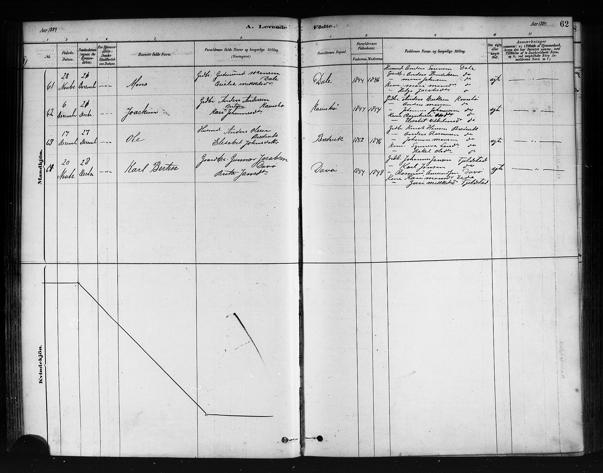 Herdla Sokneprestembete, AV/SAB-A-75701/H/Haa: Parish register (official) no. A 3, 1878-1890, p. 62