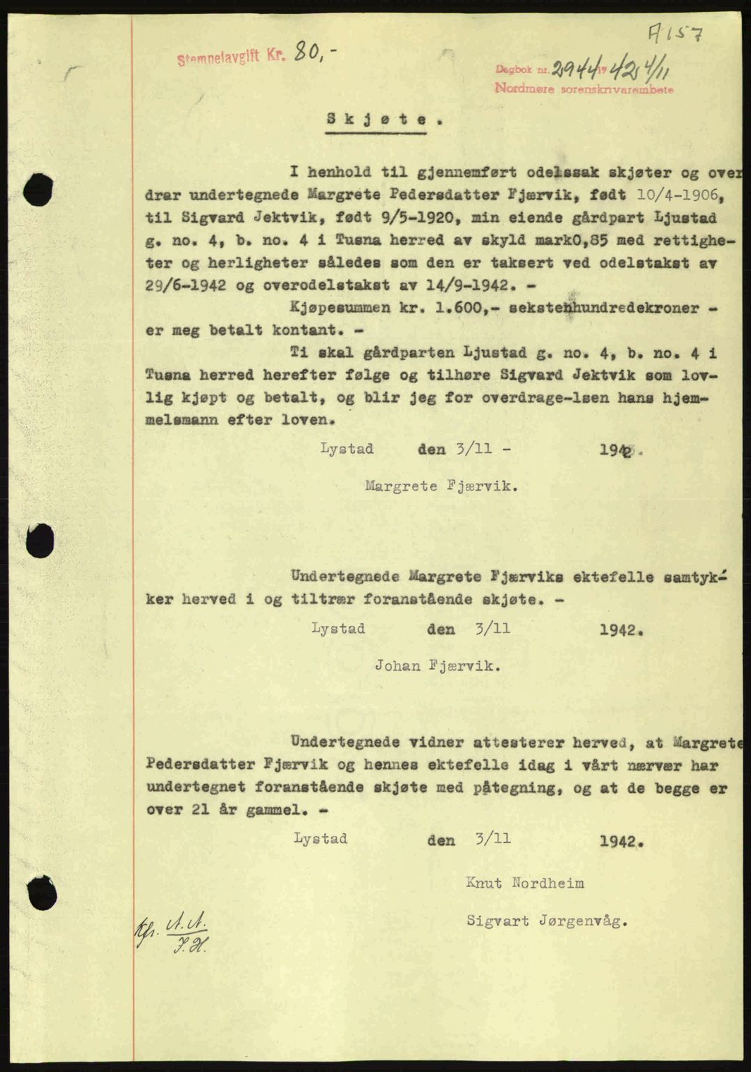 Nordmøre sorenskriveri, AV/SAT-A-4132/1/2/2Ca: Mortgage book no. A94, 1942-1943, Diary no: : 2944/1942