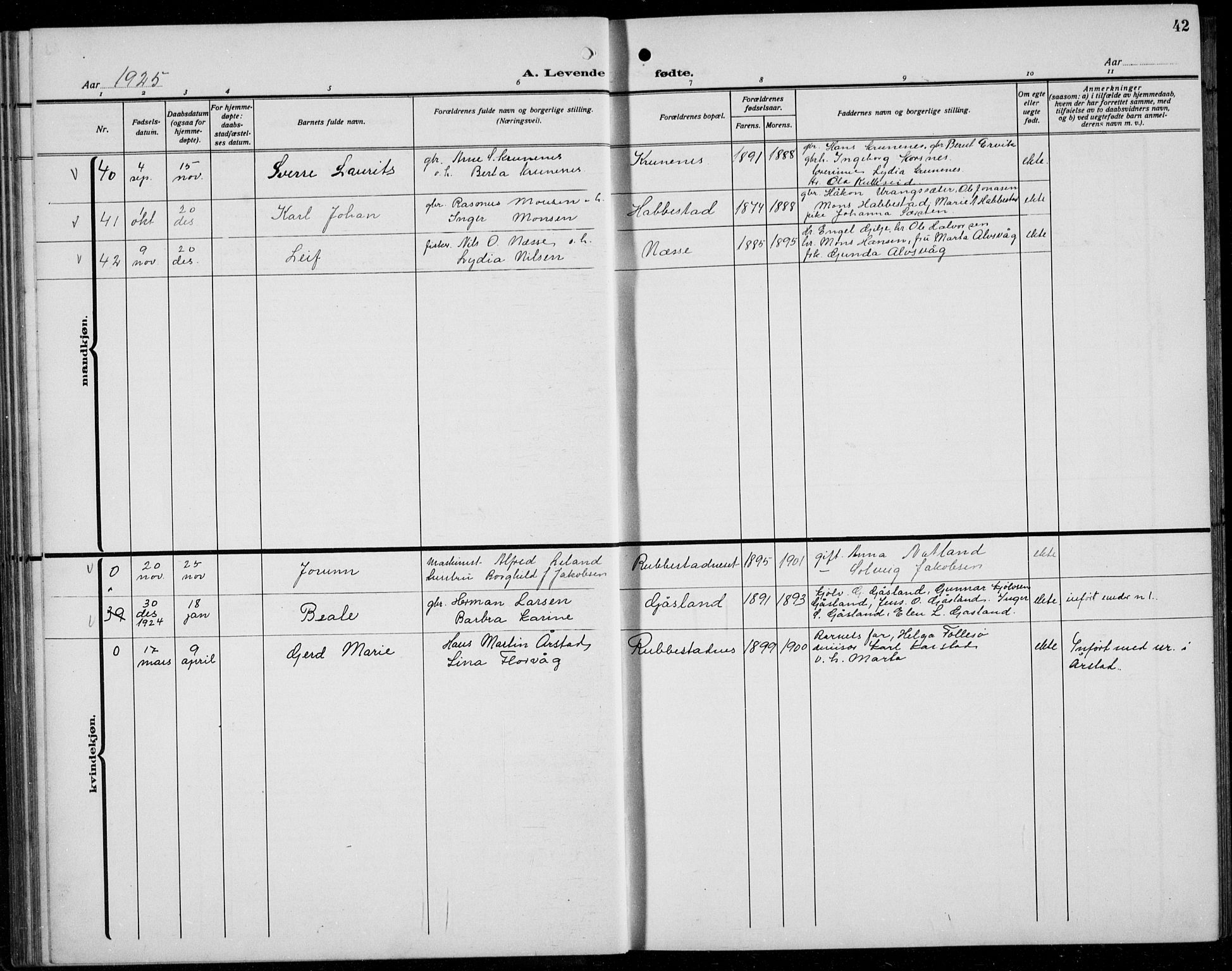 Finnås sokneprestembete, AV/SAB-A-99925/H/Ha/Hab/Habb/L0006: Parish register (copy) no. B 6, 1920-1936, p. 42