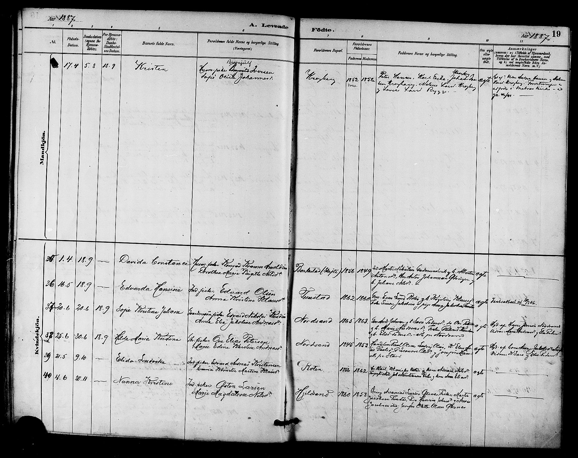 Ministerialprotokoller, klokkerbøker og fødselsregistre - Nordland, SAT/A-1459/893/L1337: Parish register (official) no. 893A09, 1885-1893, p. 19