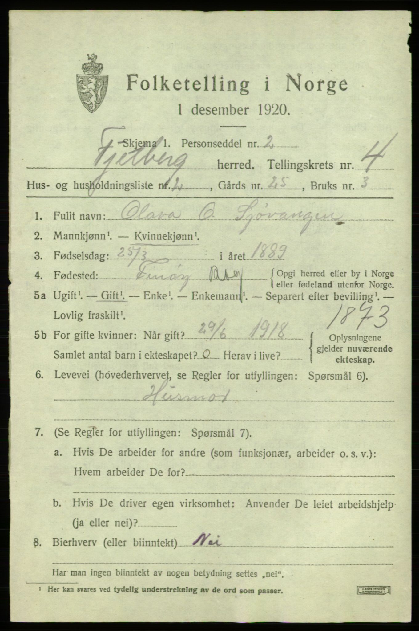 SAB, 1920 census for Fjelberg, 1920, p. 1265