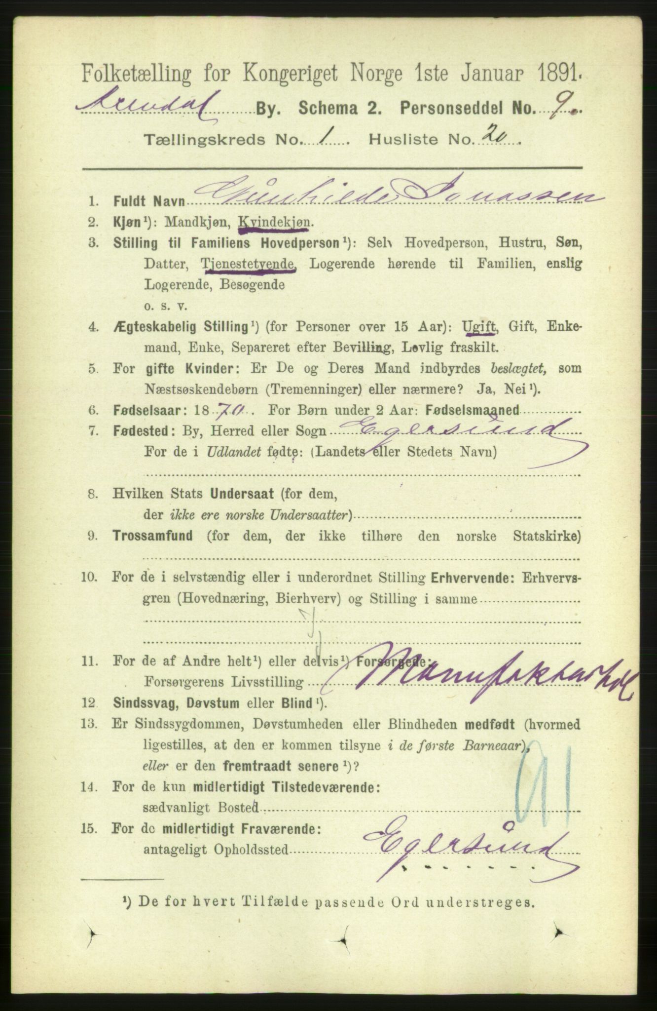 RA, 1891 census for 0903 Arendal, 1891, p. 1207