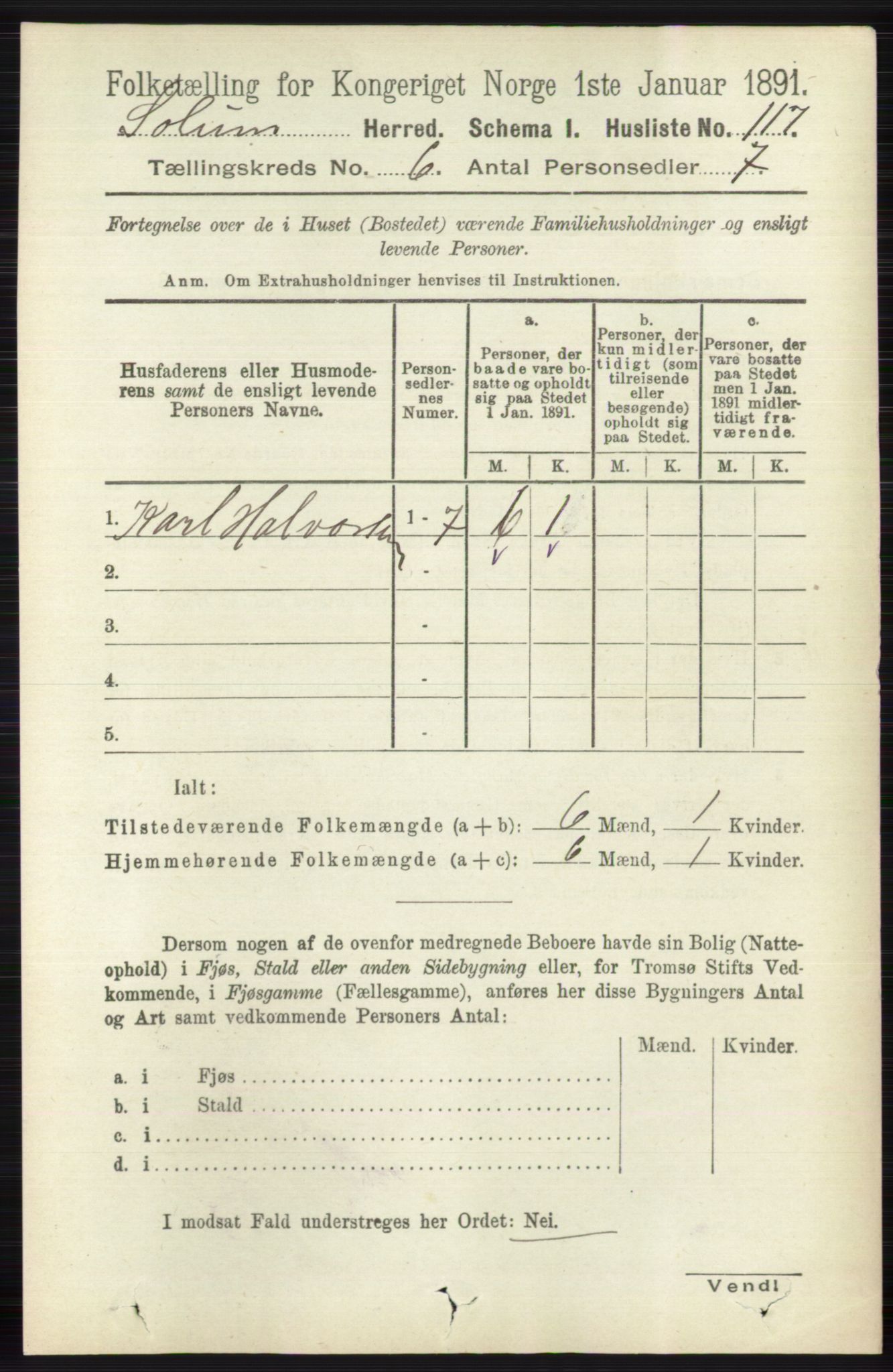 RA, 1891 census for 0818 Solum, 1891, p. 1182