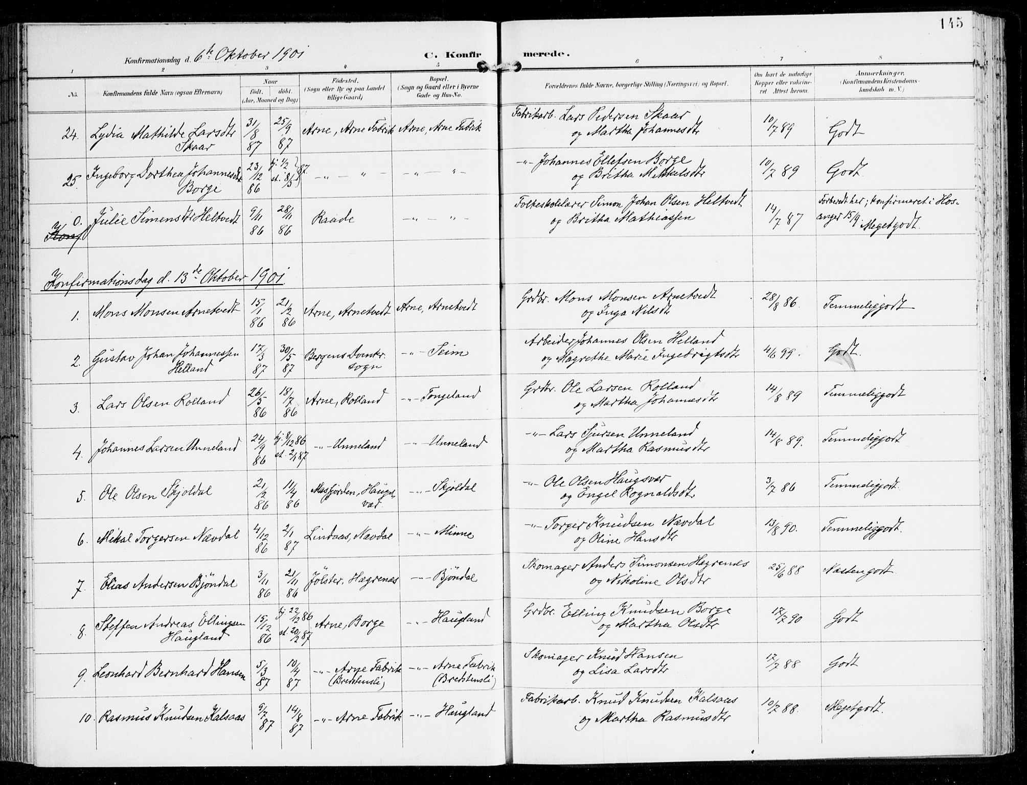 Haus sokneprestembete, AV/SAB-A-75601/H/Haa: Parish register (official) no. D 2, 1899-1912, p. 145