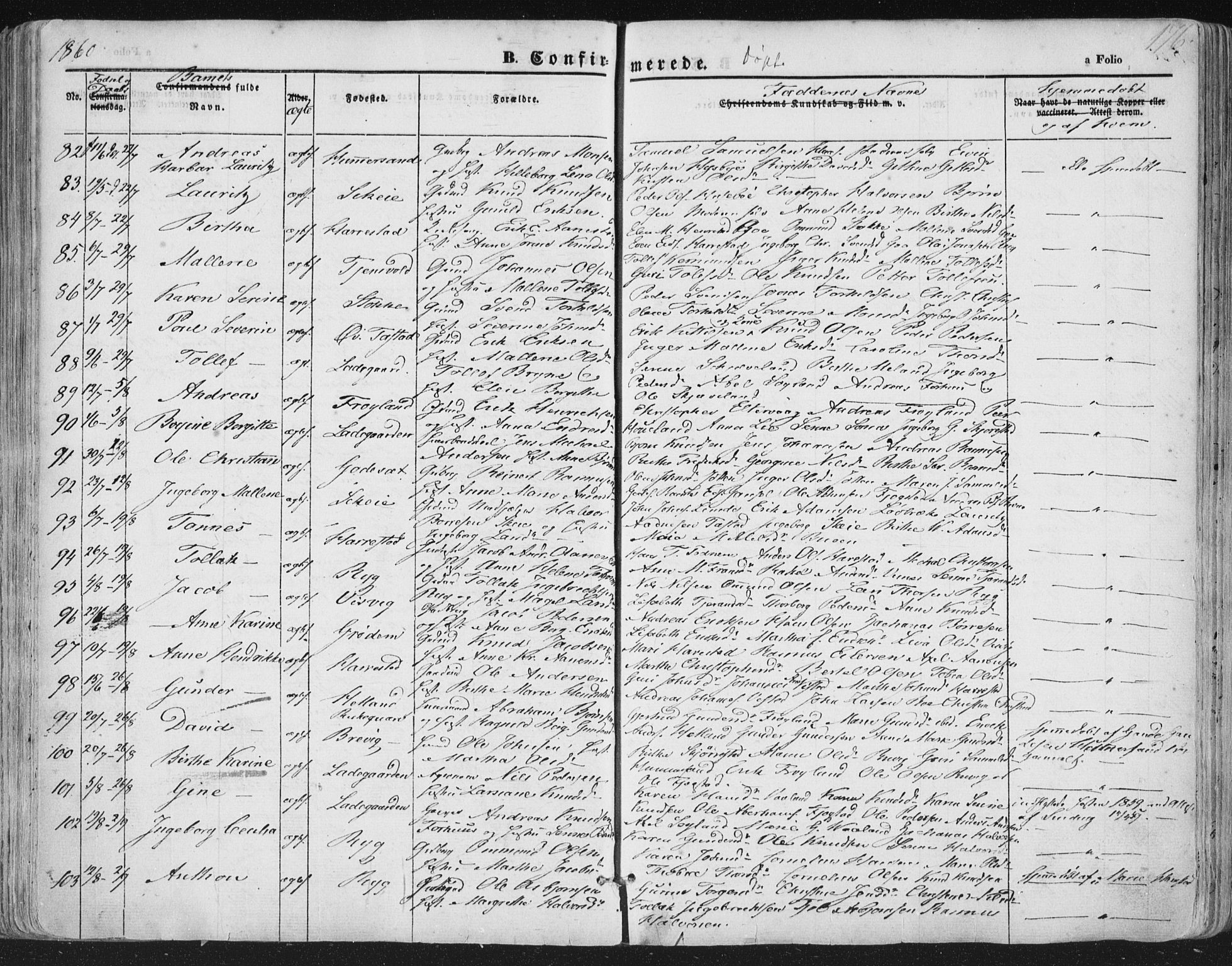 Hetland sokneprestkontor, AV/SAST-A-101826/30/30BA/L0002: Parish register (official) no. A 2, 1849-1869, p. 176