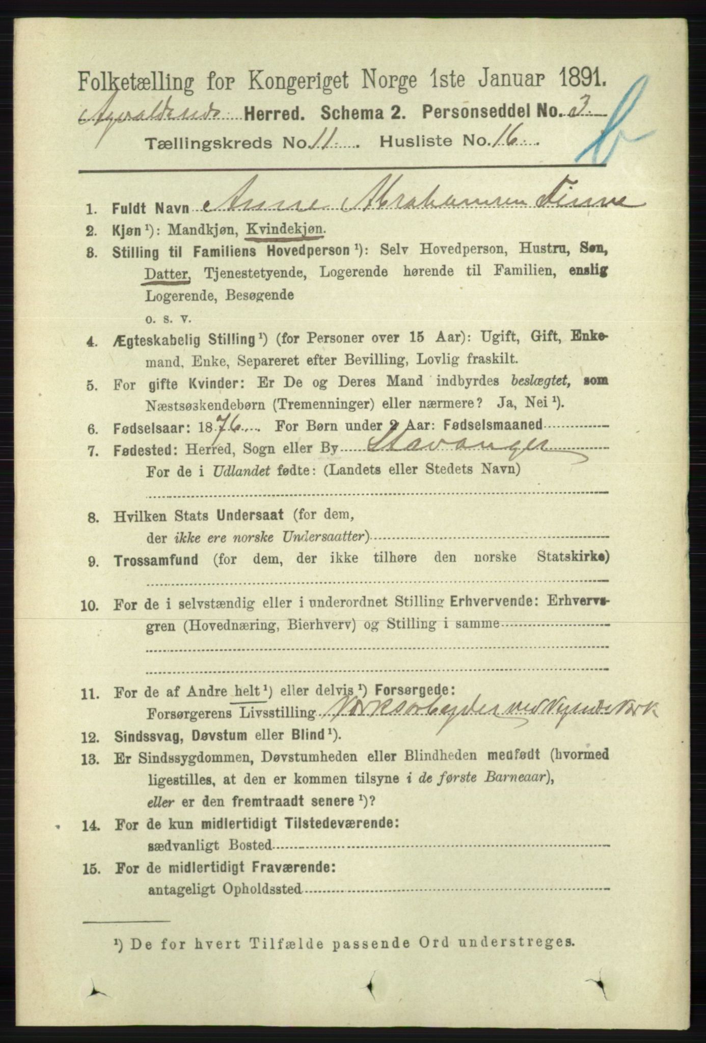 RA, 1891 census for 1147 Avaldsnes, 1891, p. 6421