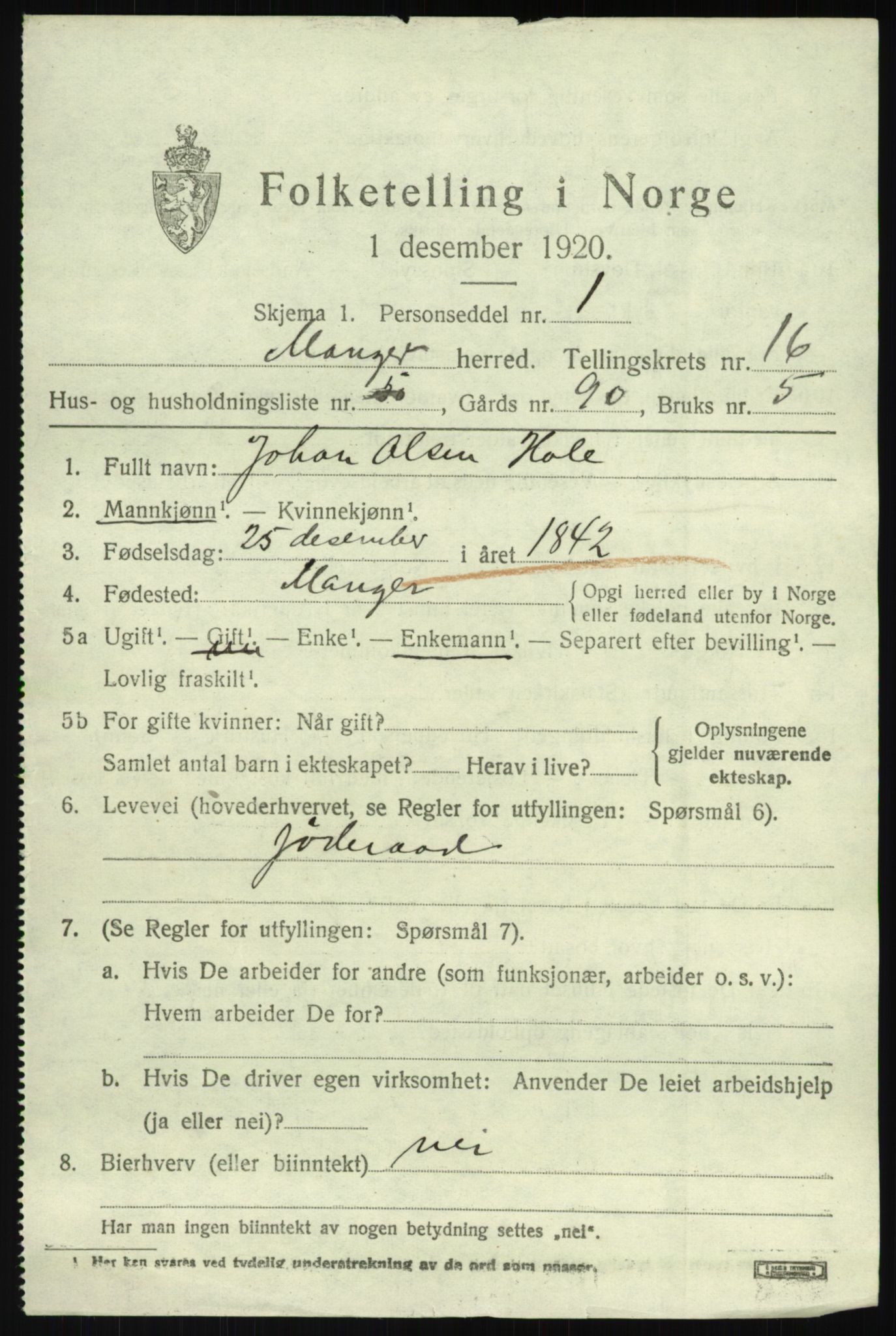 SAB, 1920 census for Manger, 1920, p. 9512