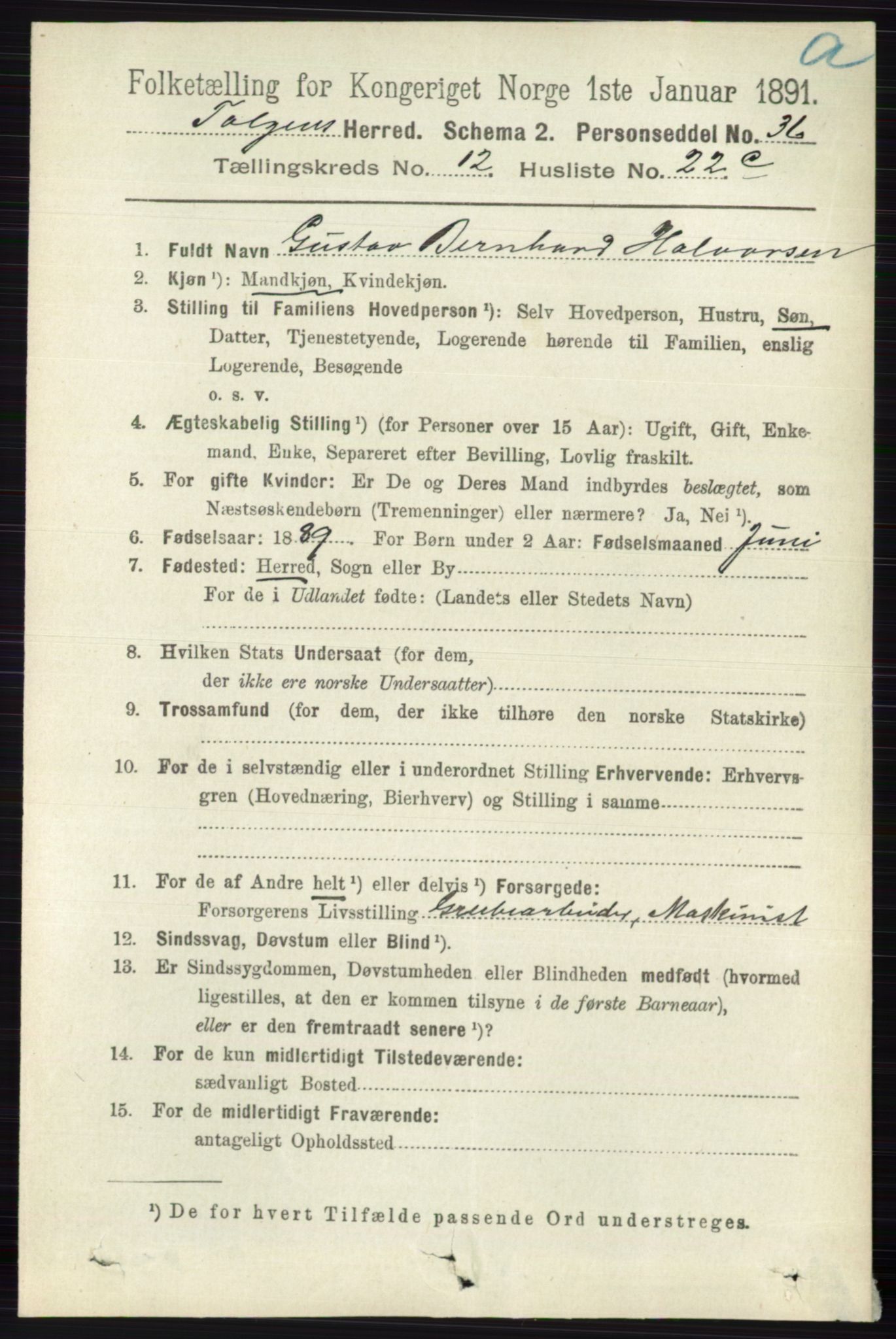 RA, 1891 census for 0436 Tolga, 1891, p. 3843