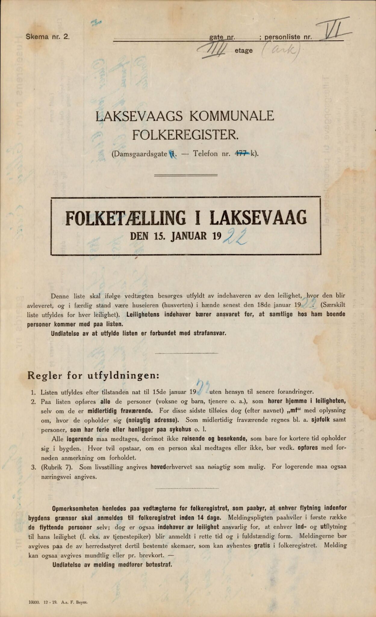 Laksevåg kommune. Folkeregisteret, BBA/A-1586/E/Ea/L0007: Folketellingskjema 1922, 1922