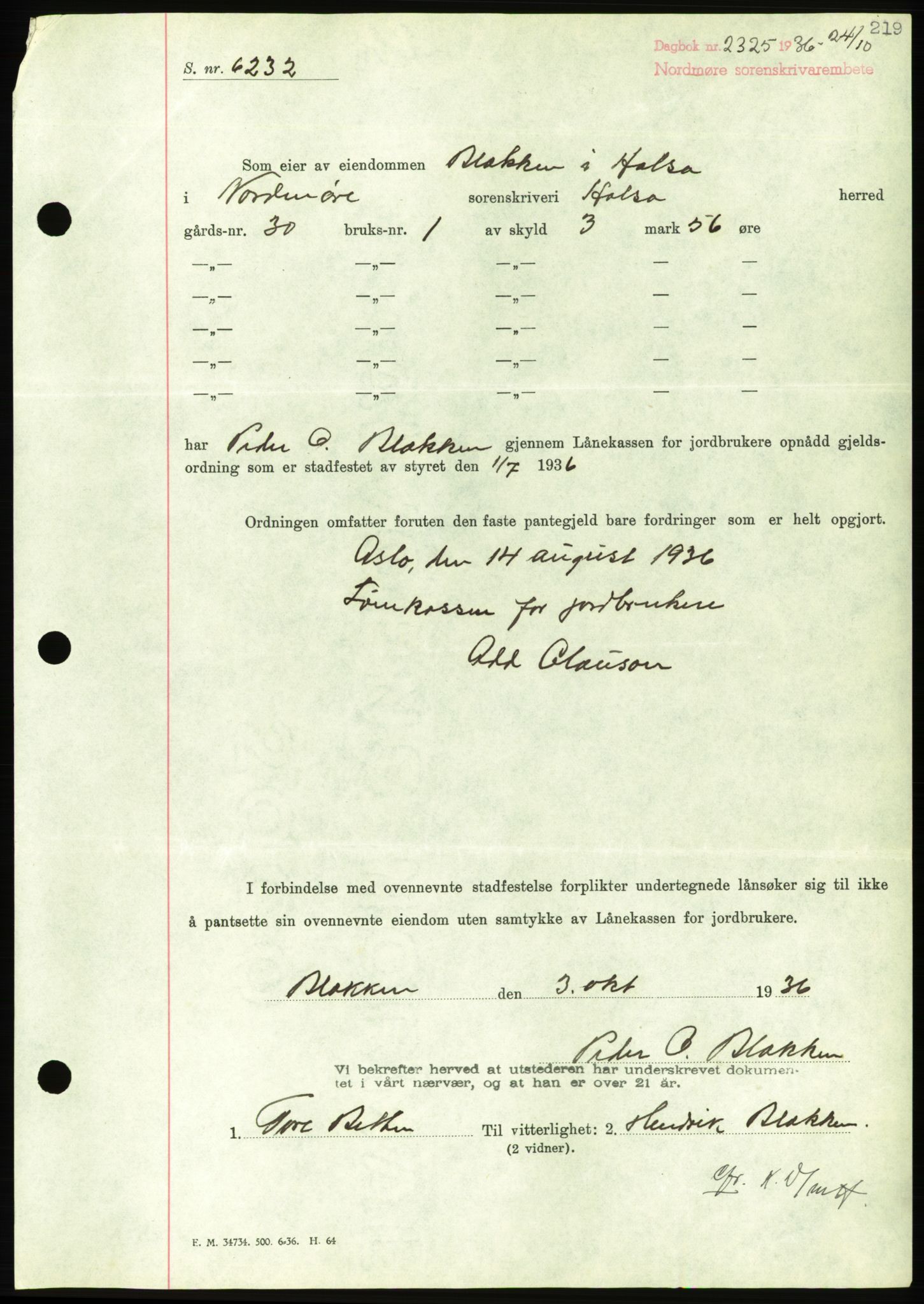 Nordmøre sorenskriveri, AV/SAT-A-4132/1/2/2Ca/L0090: Mortgage book no. B80, 1936-1937, Diary no: : 2325/1936