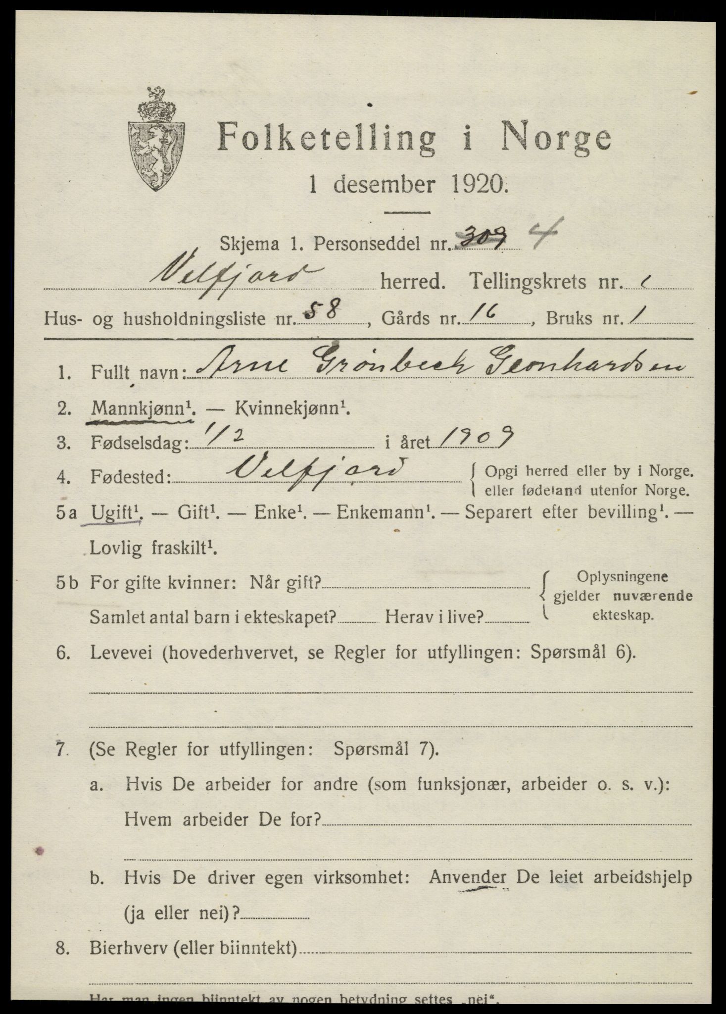 SAT, 1920 census for Velfjord, 1920, p. 1199