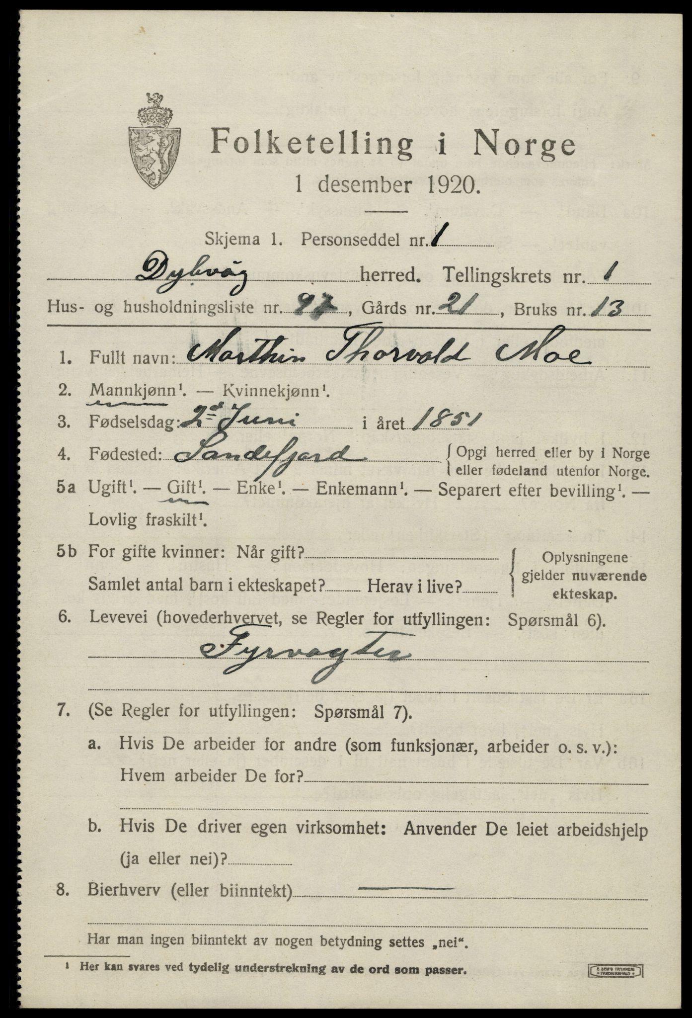 SAK, 1920 census for Dypvåg, 1920, p. 2063