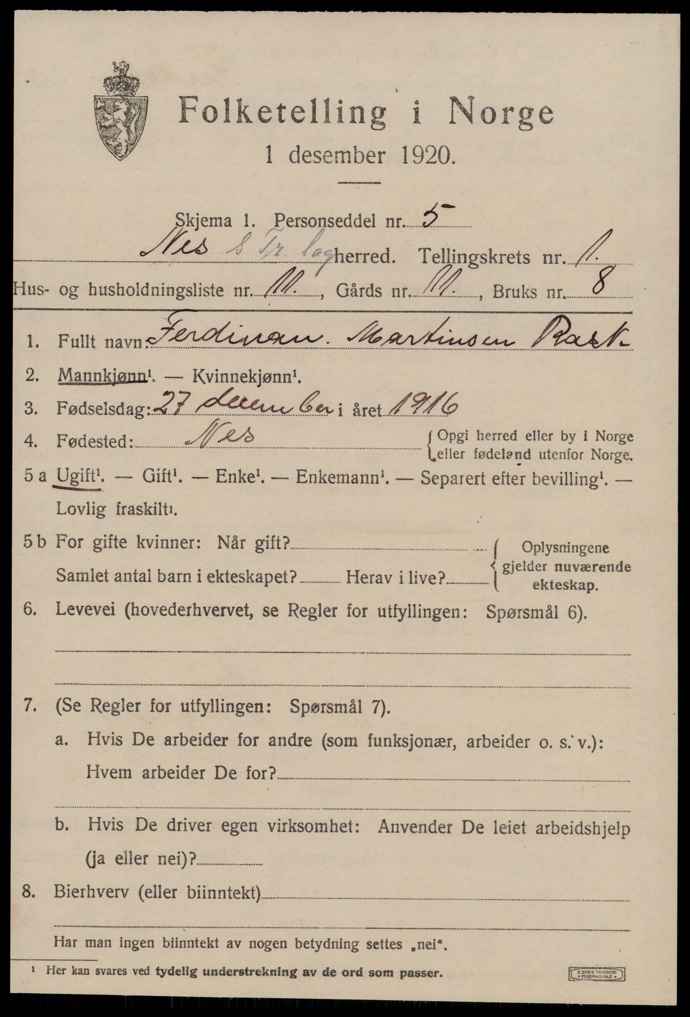 SAT, 1920 census for Nes (ST), 1920, p. 609