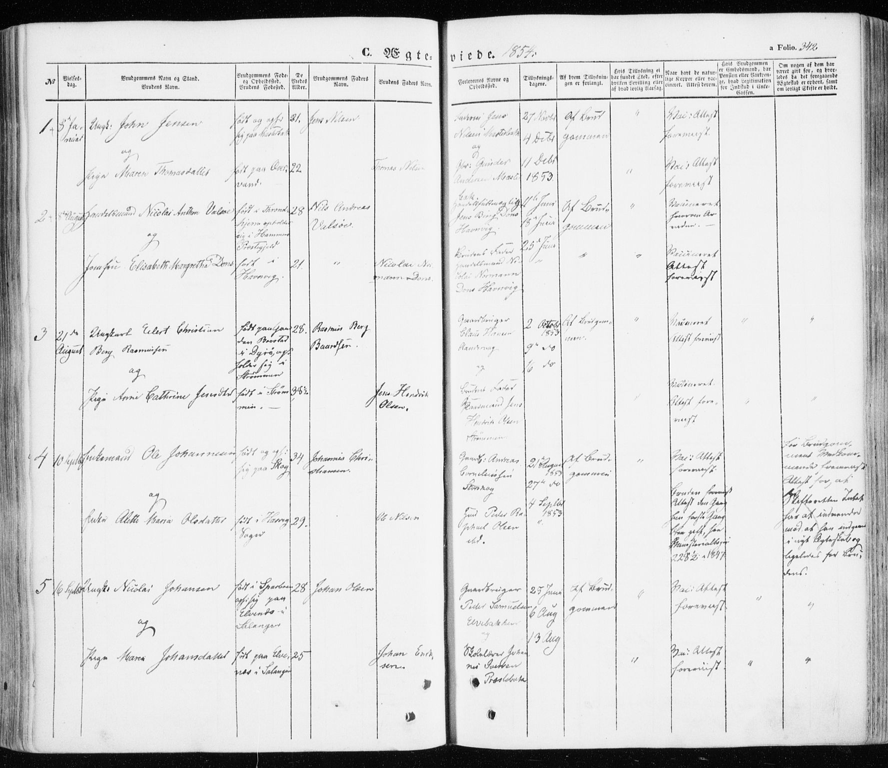 Ibestad sokneprestembete, SATØ/S-0077/H/Ha/Haa/L0008kirke: Parish register (official) no. 8, 1850-1859, p. 342