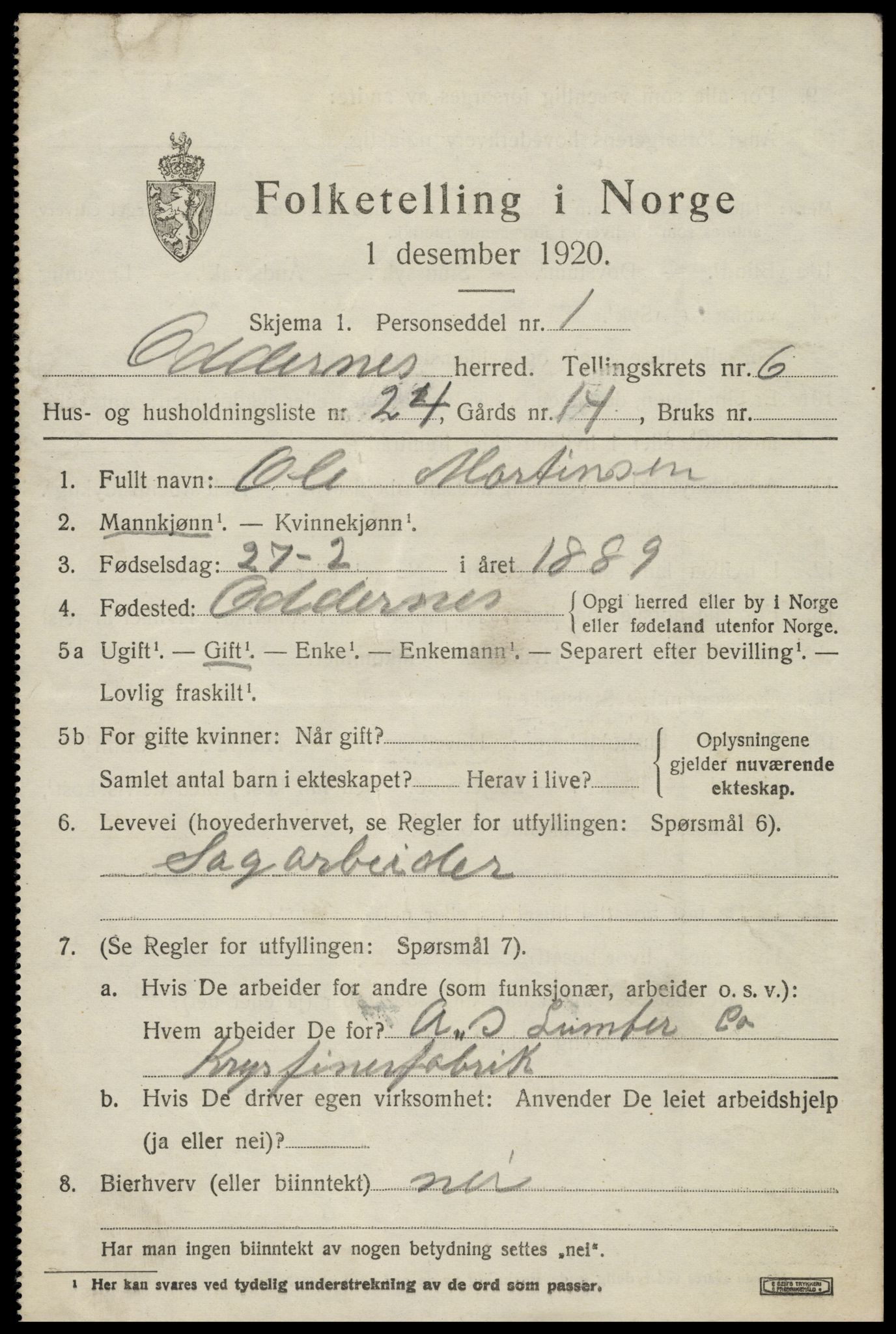 SAK, 1920 census for Oddernes, 1920, p. 5179