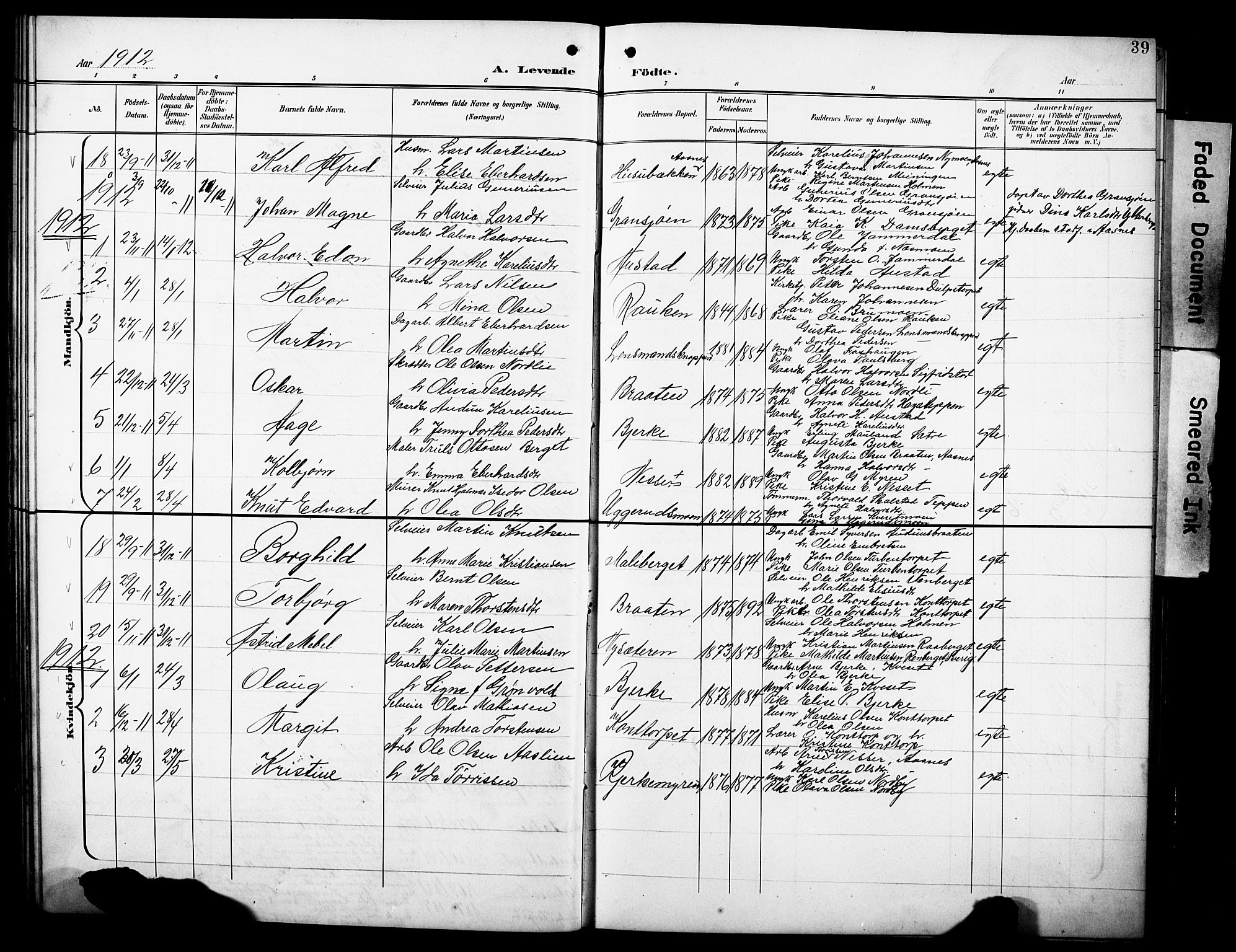 Hof prestekontor, SAH/PREST-038/H/Ha/Hab/L0005: Parish register (copy) no. 5, 1899-1916, p. 39