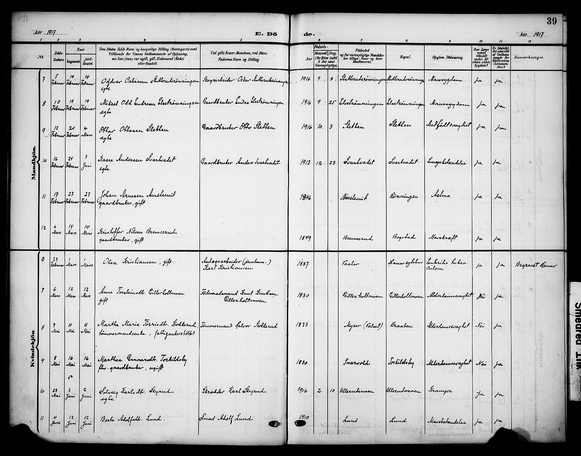 Våler prestekontor, Hedmark, AV/SAH-PREST-040/H/Ha/Haa/L0007: Parish register (official) no. 7, 1908-1919, p. 39