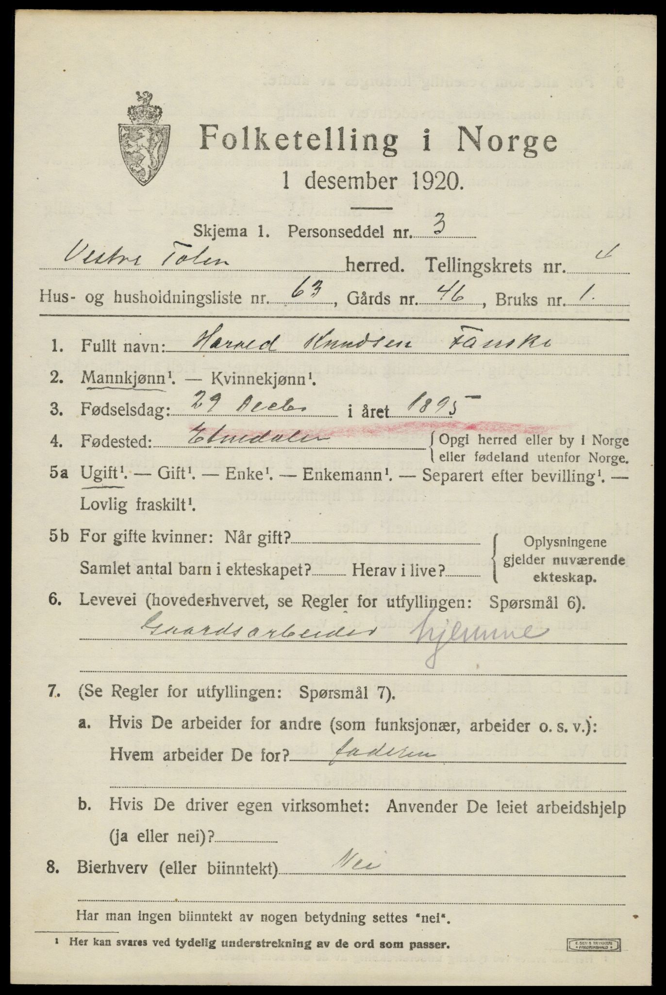 SAH, 1920 census for Vestre Toten, 1920, p. 6930