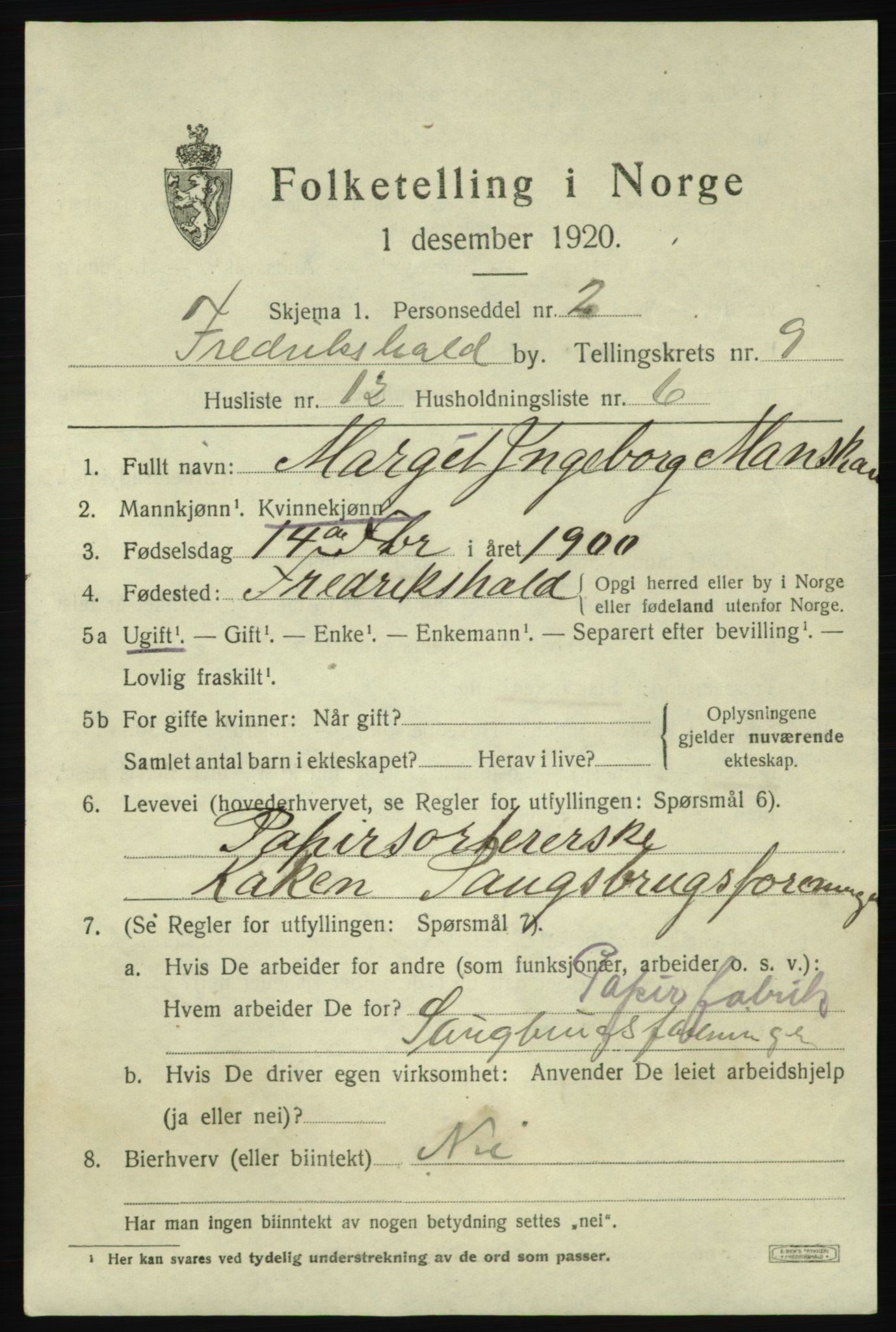 SAO, 1920 census for Fredrikshald, 1920, p. 16062