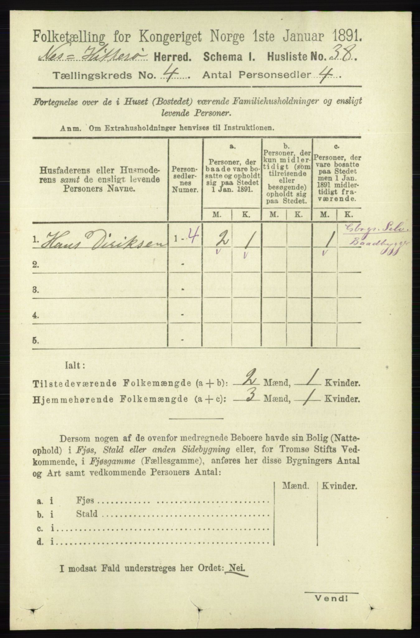 RA, 1891 census for 1043 Hidra og Nes, 1891, p. 1407