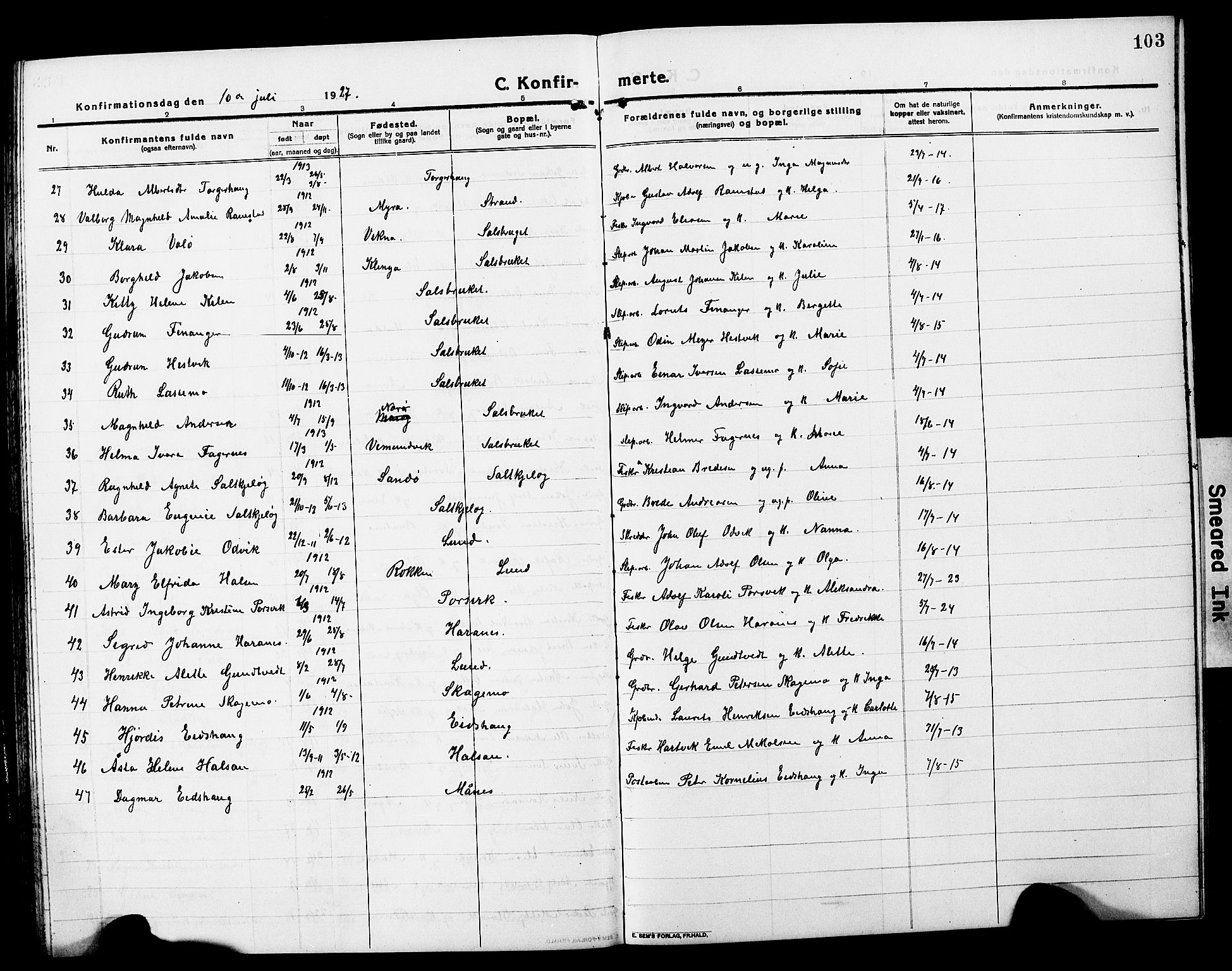 Ministerialprotokoller, klokkerbøker og fødselsregistre - Nord-Trøndelag, SAT/A-1458/780/L0653: Parish register (copy) no. 780C05, 1911-1927, p. 103