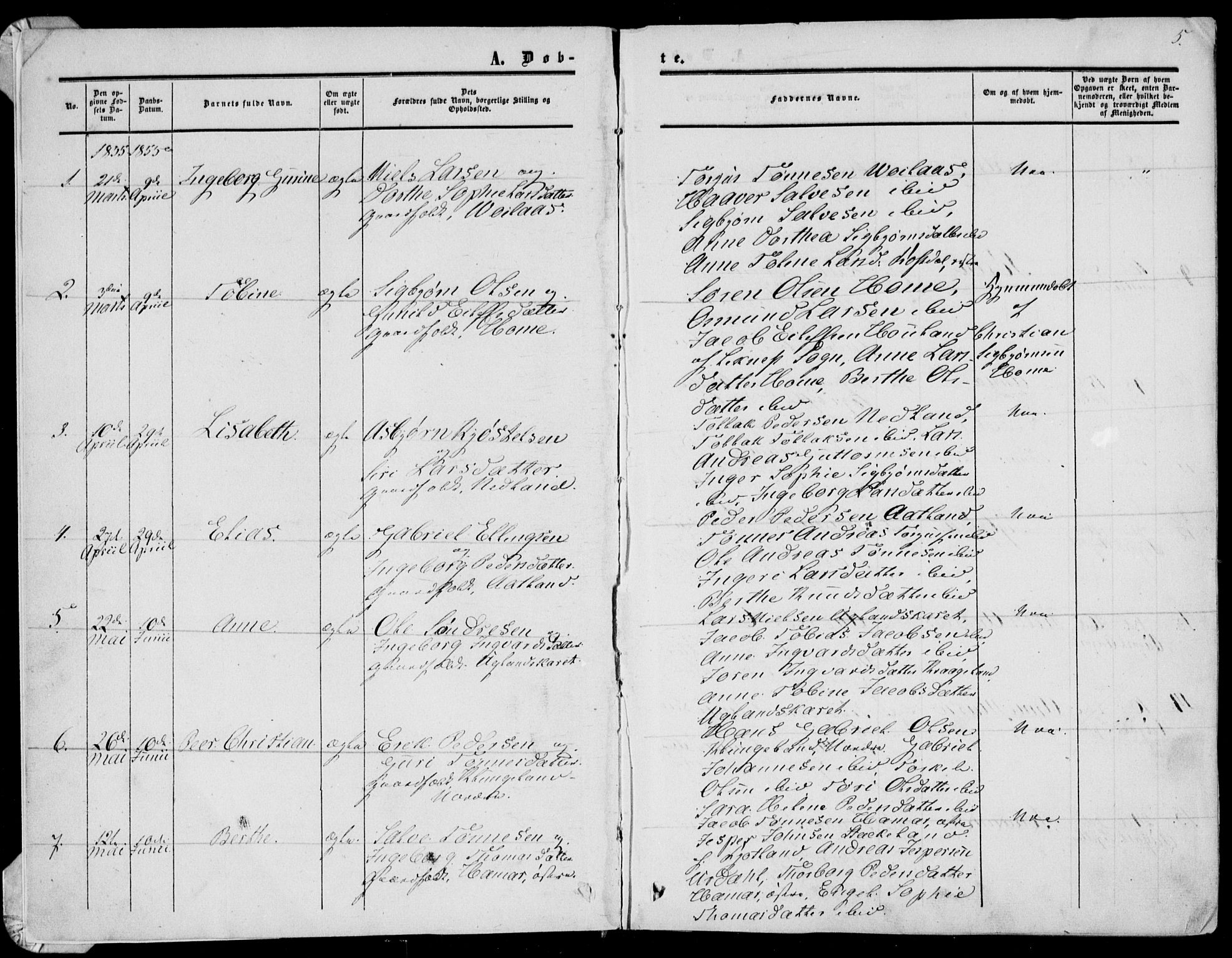 Bakke sokneprestkontor, SAK/1111-0002/F/Fa/Fab/L0002: Parish register (official) no. A 2, 1855-1884, p. 5