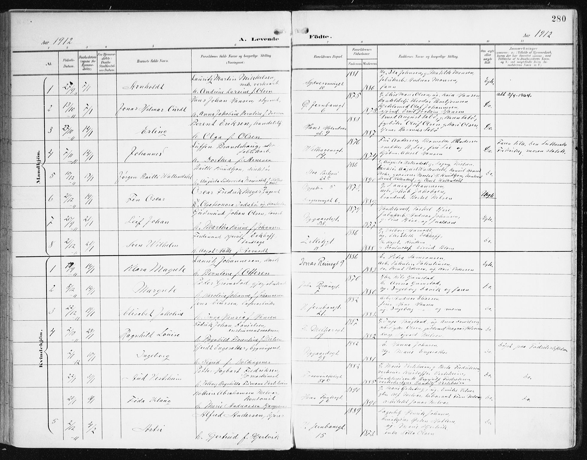 Johanneskirken sokneprestembete, AV/SAB-A-76001/H/Haa/L0002: Parish register (official) no. A 2, 1900-1912, p. 280