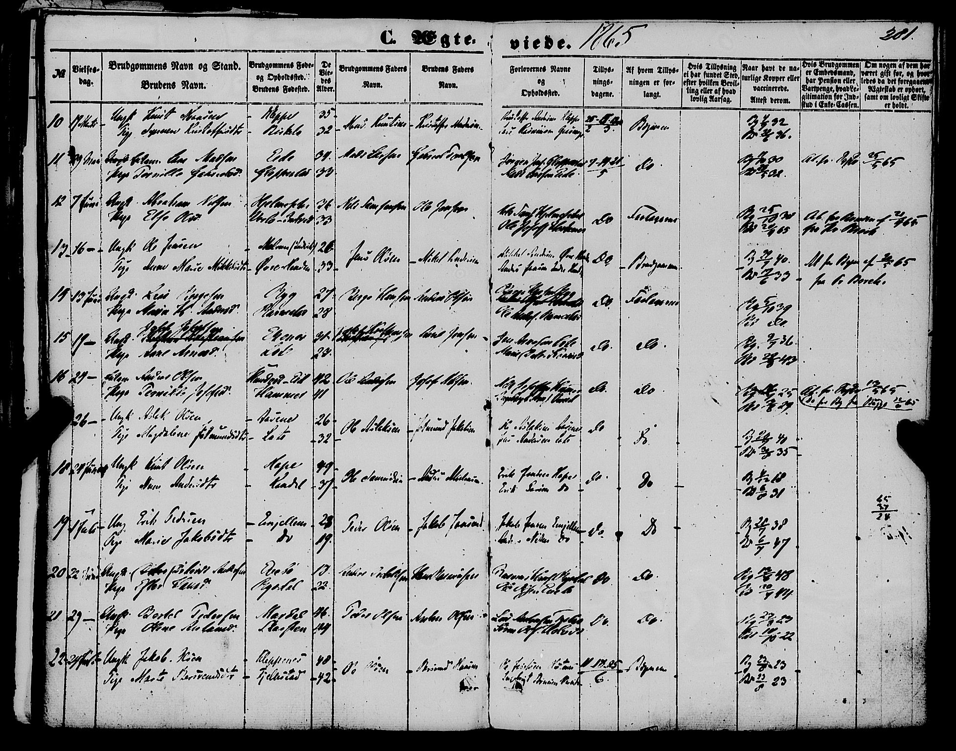 Gloppen sokneprestembete, AV/SAB-A-80101/H/Haa/Haaa/L0009: Parish register (official) no. A 9, 1855-1870, p. 281