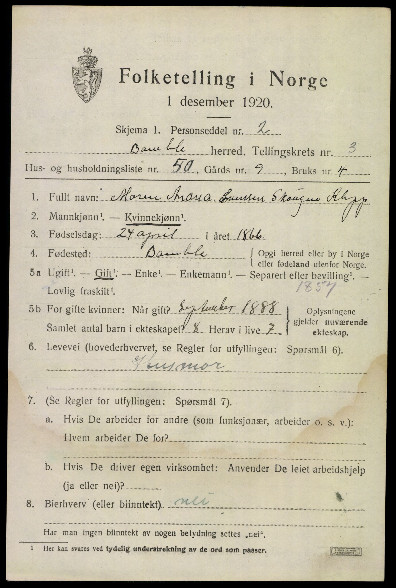 SAKO, 1920 census for Bamble, 1920, p. 4331