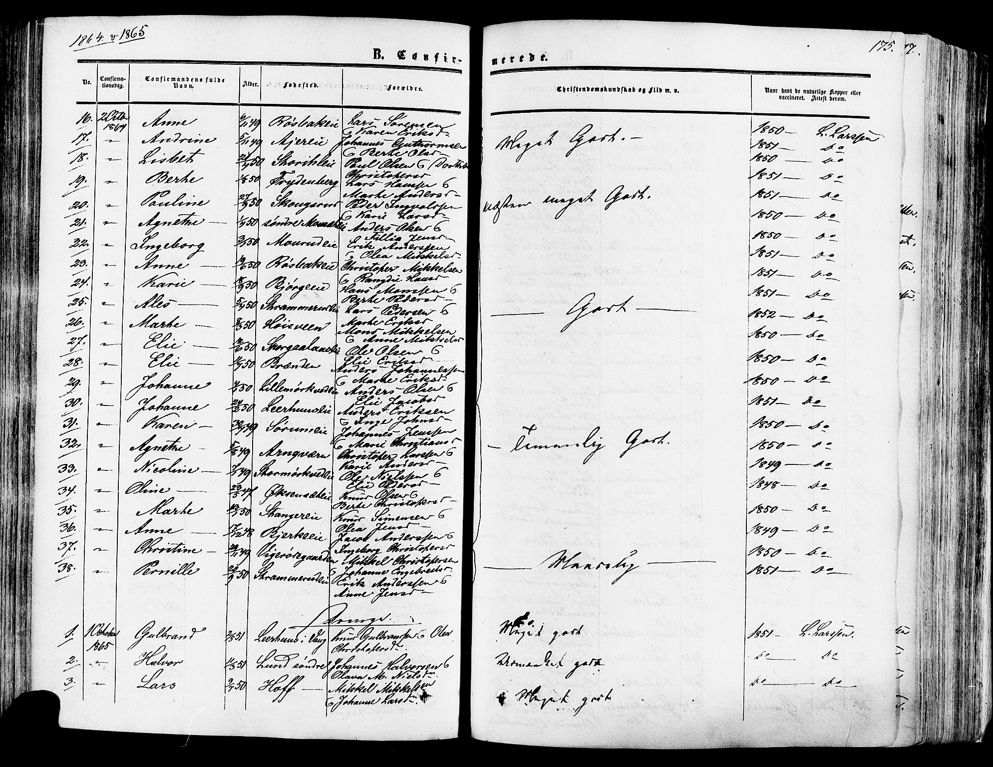 Vang prestekontor, Hedmark, SAH/PREST-008/H/Ha/Haa/L0013: Parish register (official) no. 13, 1855-1879, p. 175